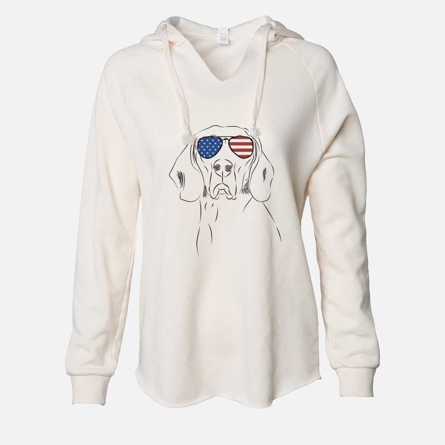 Hand-drawn sketch of Sagan the Coonhound wearing American flag sunglasses on a Bone Cali Wave Hooded Sweatshirt