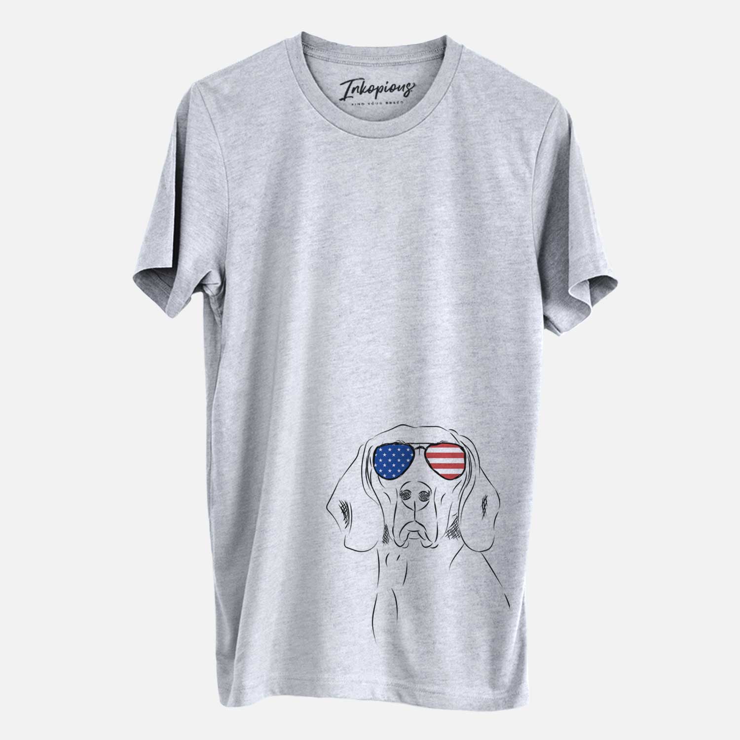 Hand-drawn sketch of Sagan the Coonhound wearing American flag sunglasses on a Grey Unisex crewneck