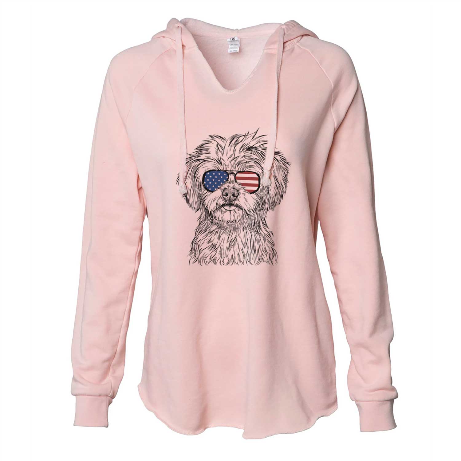 Hand-drawn sketch of Sammy the Shorkie wearing American flag sunglasses on a Blush Cali Wave Hooded Sweatshirt