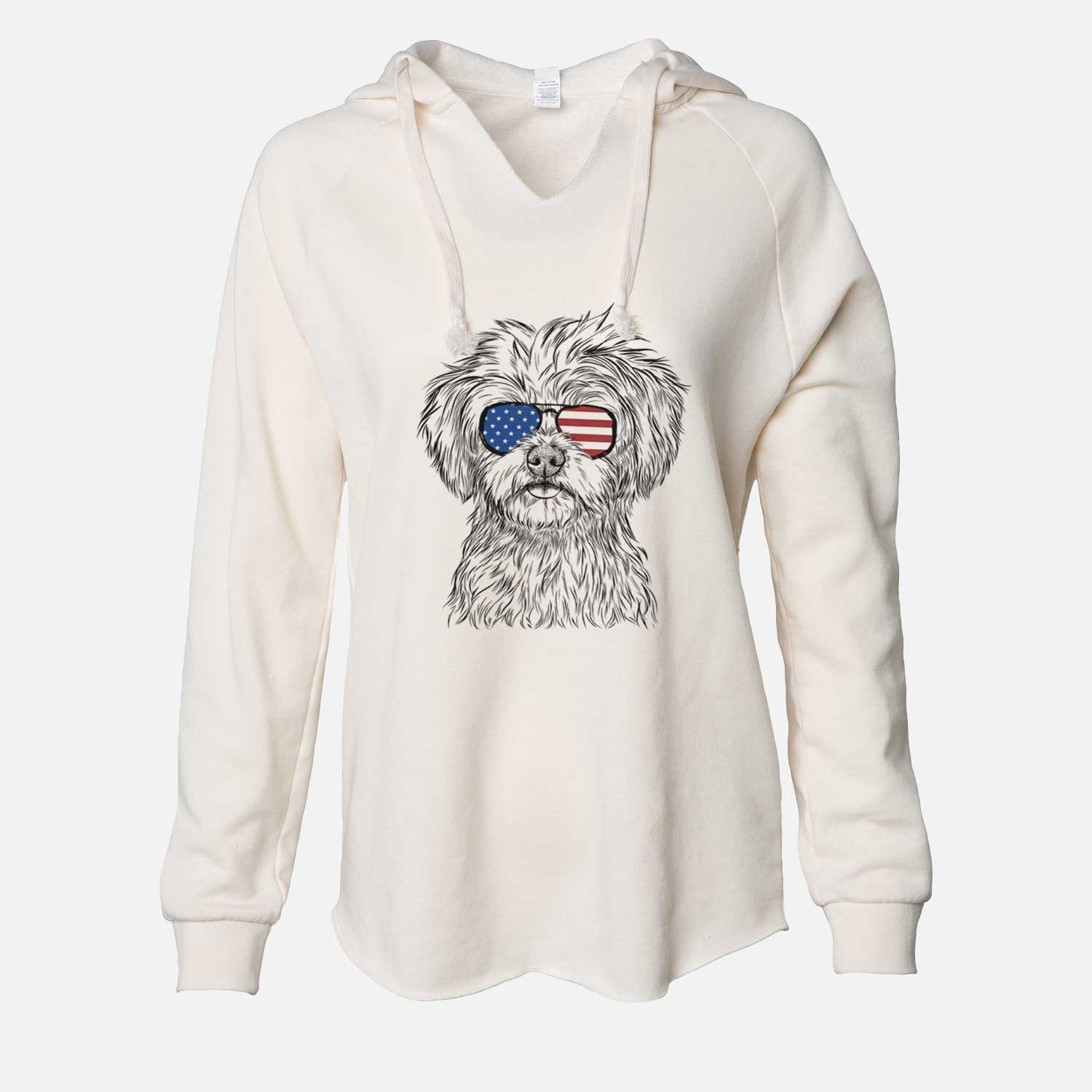 Hand-drawn sketch of Sammy the Shorkie wearing American flag sunglasses on a Bone Cali Wave Hooded Sweatshirt