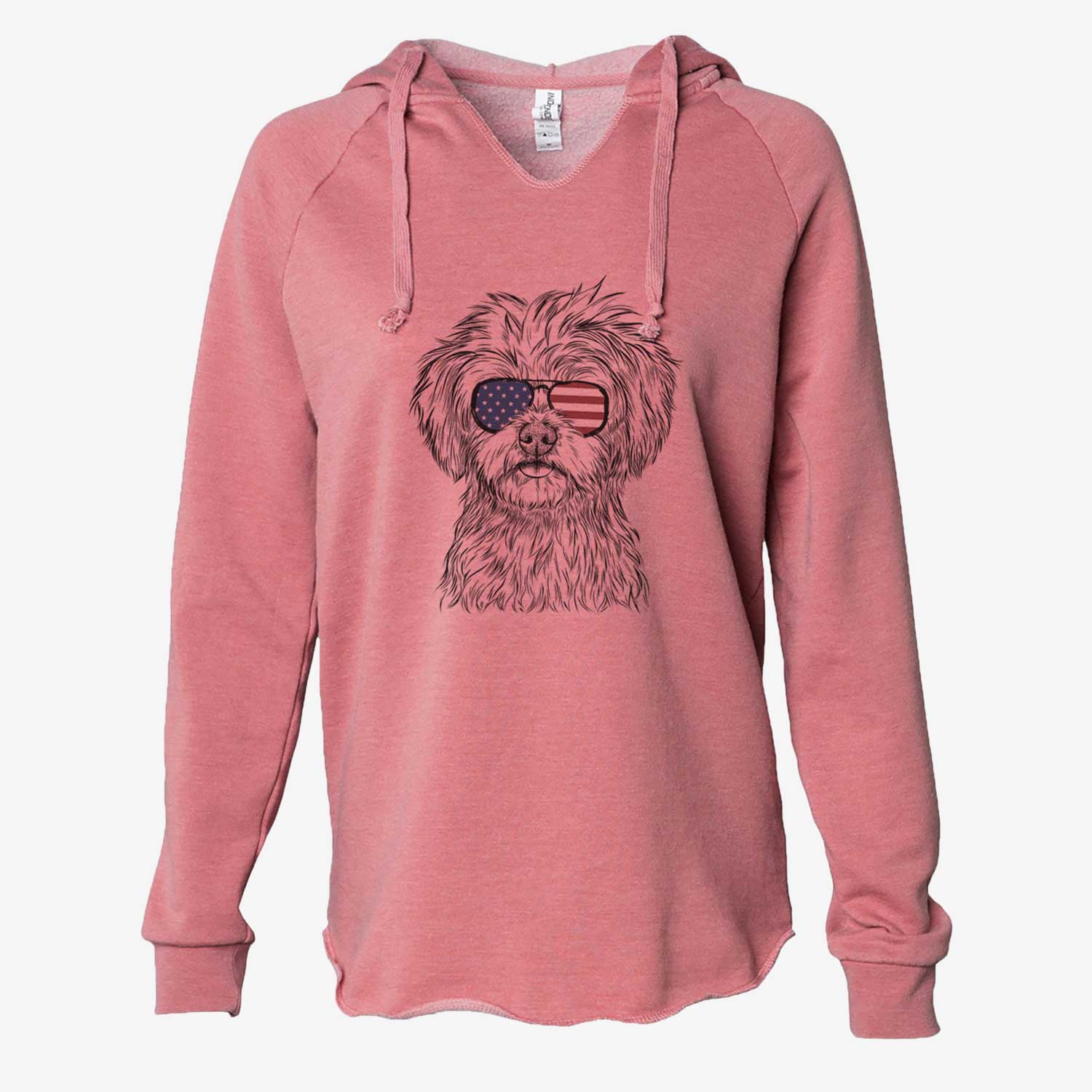 Hand-drawn sketch of Sammy the Shorkie wearing American flag sunglasses on a Dusty Rose Cali Wave Hooded Sweatshirt
