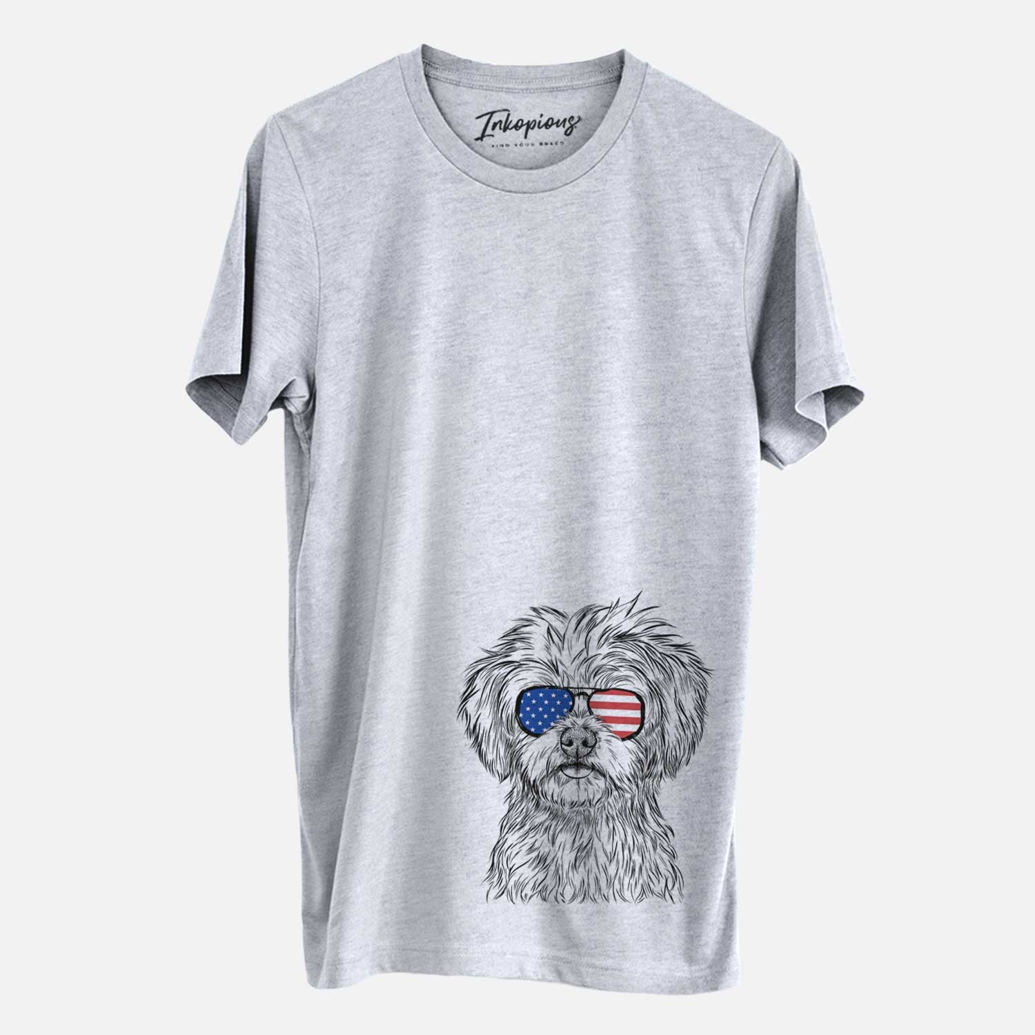 Hand-drawn sketch of Sammy the Shorkie wearing American flag sunglasses on a Grey Unisex crewneck