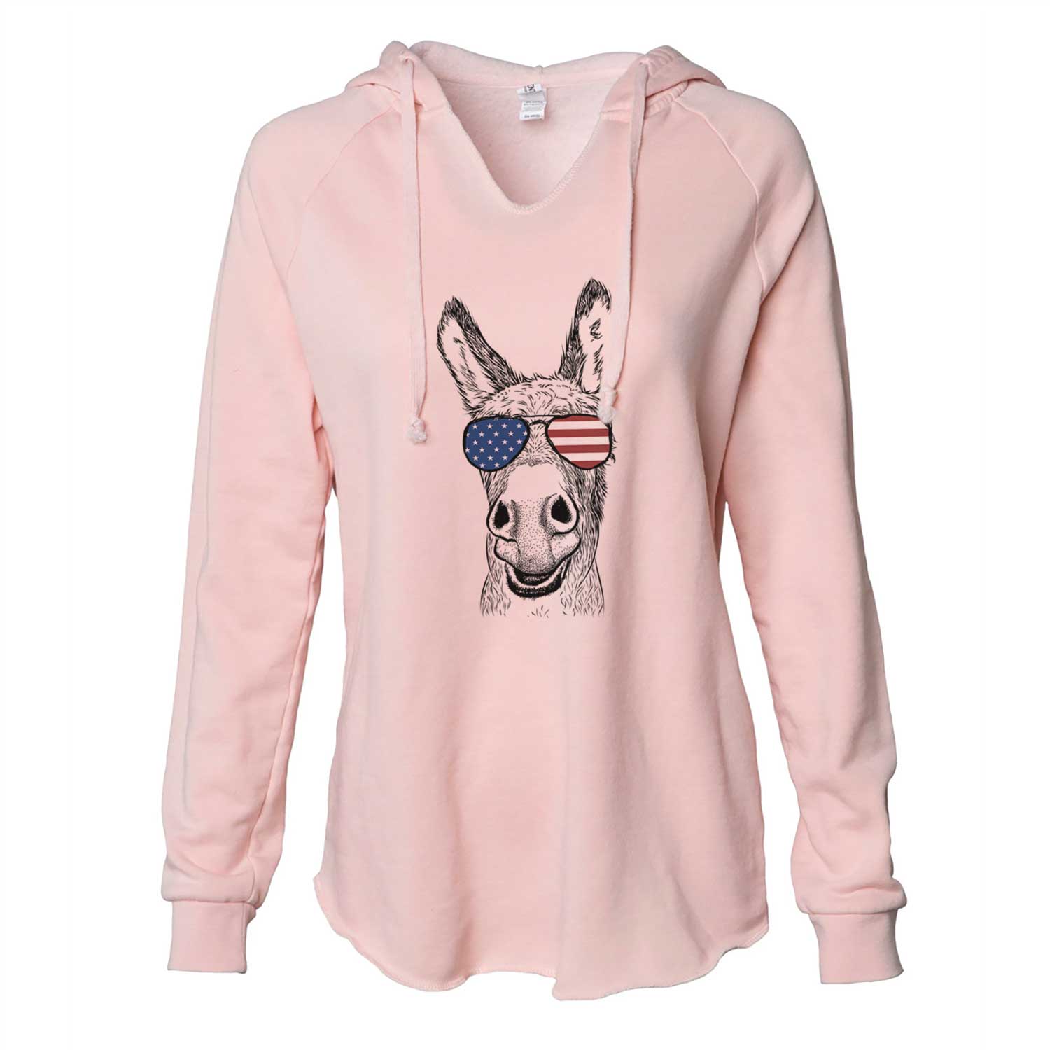 Hand-drawn sketch of Samule the Donkey wearing American flag sunglasses on a Blush Cali Wave Hooded Sweatshirt