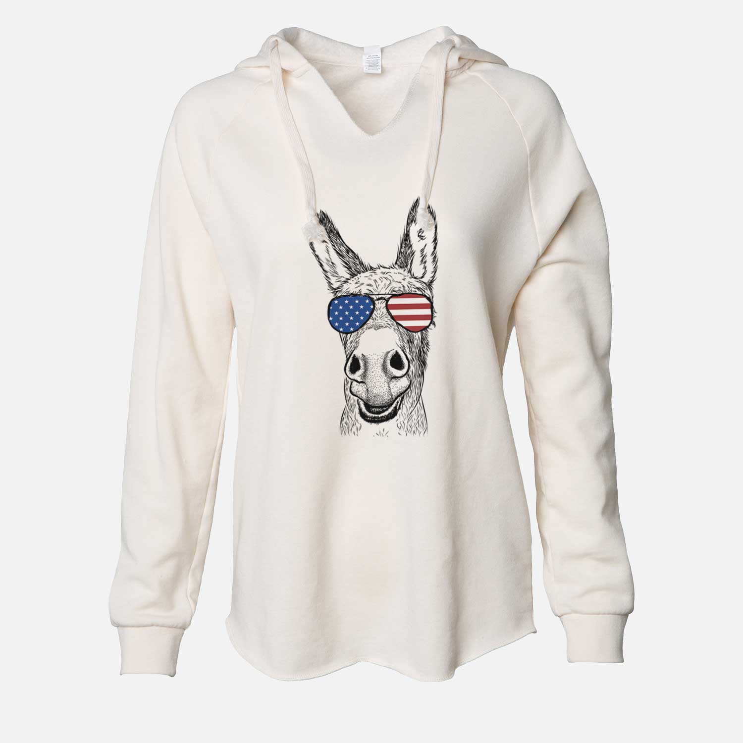 Hand-drawn sketch of Samule the Donkey wearing American flag sunglasses on a Bone Cali Wave Hooded Sweatshirt