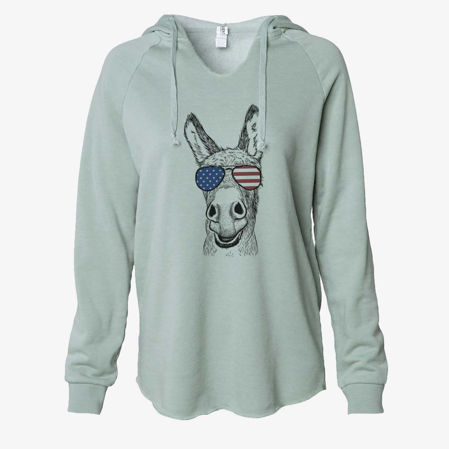 Hand-drawn sketch of Samule the Donkey wearing American flag sunglasses on a Sage Cali Wave Hooded Sweatshirt