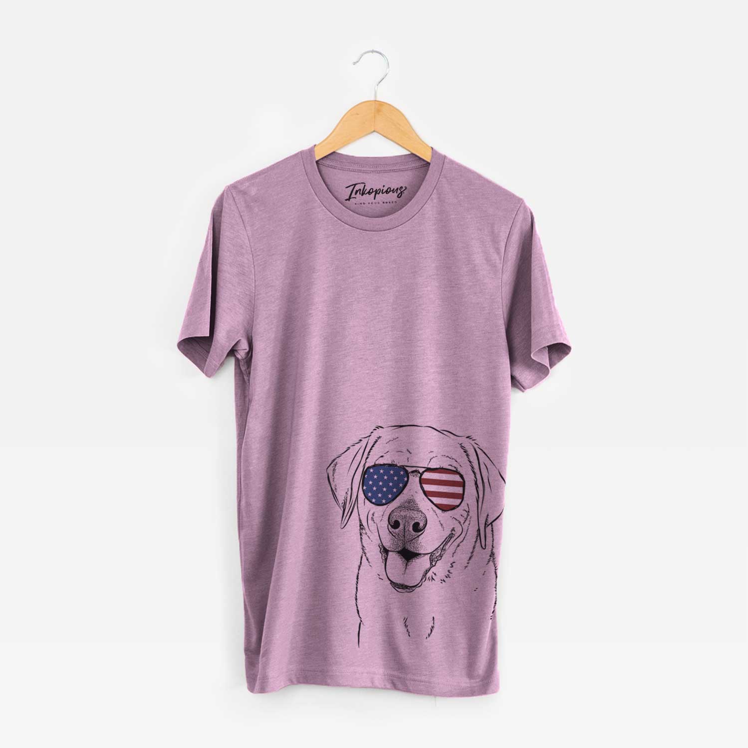 Hand-drawn sketch of Sanford the Labrador Retriever wearing American flag sunglasses on an Orchid Unisex crewneck