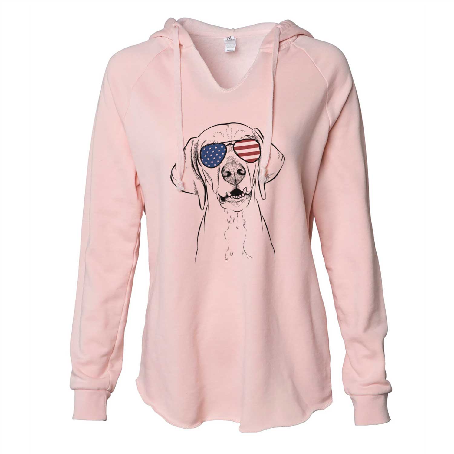 Hand-drawn sketch of Sarge the Vizsla wearing American flag sunglasses on a Blush Cali Wave Hooded Sweatshirt