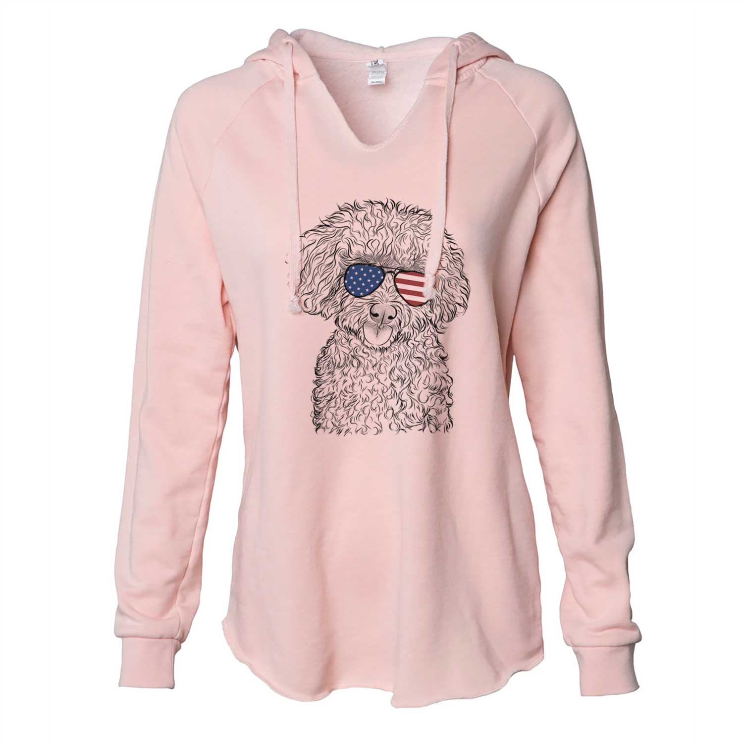Hand-drawn sketch of Satsu the Micro Teacup Poodle wearing American flag sunglasses on a Blush Cali Wave Hooded Sweatshirt