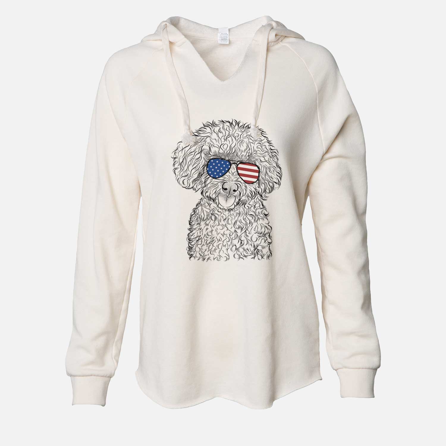 Hand-drawn sketch of Satsu the Micro Teacup Poodle wearing American flag sunglasses on a Bone Cali Wave Hooded Sweatshirt