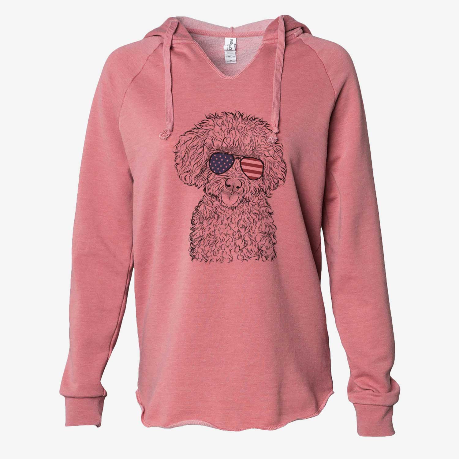 Hand-drawn sketch of Satsu the Micro Teacup Poodle wearing American flag sunglasses on a Dusty Rose Cali Wave Hooded Sweatshirt