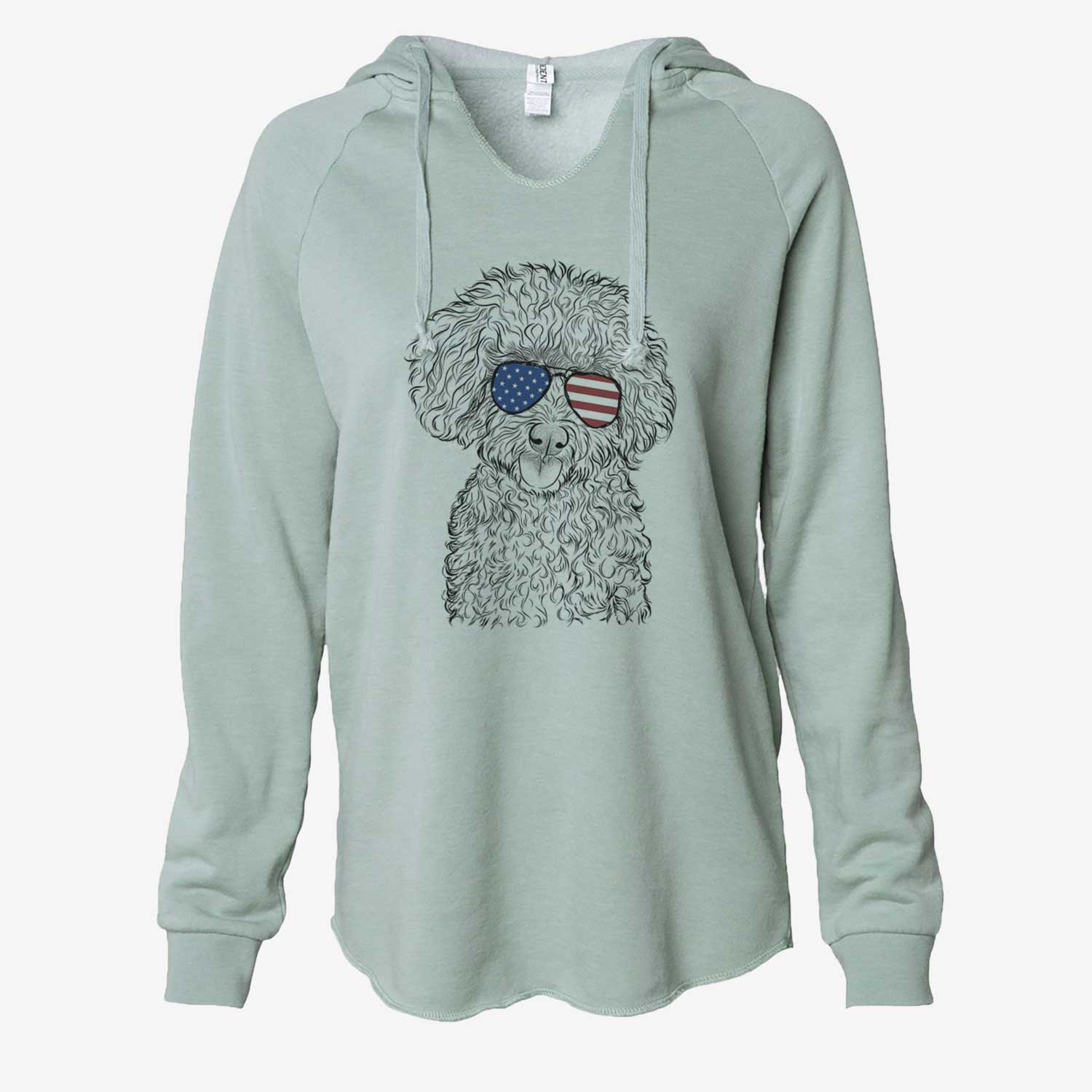 Hand-drawn sketch of Satsu the Micro Teacup Poodle wearing American flag sunglasses on a Sage Cali Wave Hooded Sweatshirt