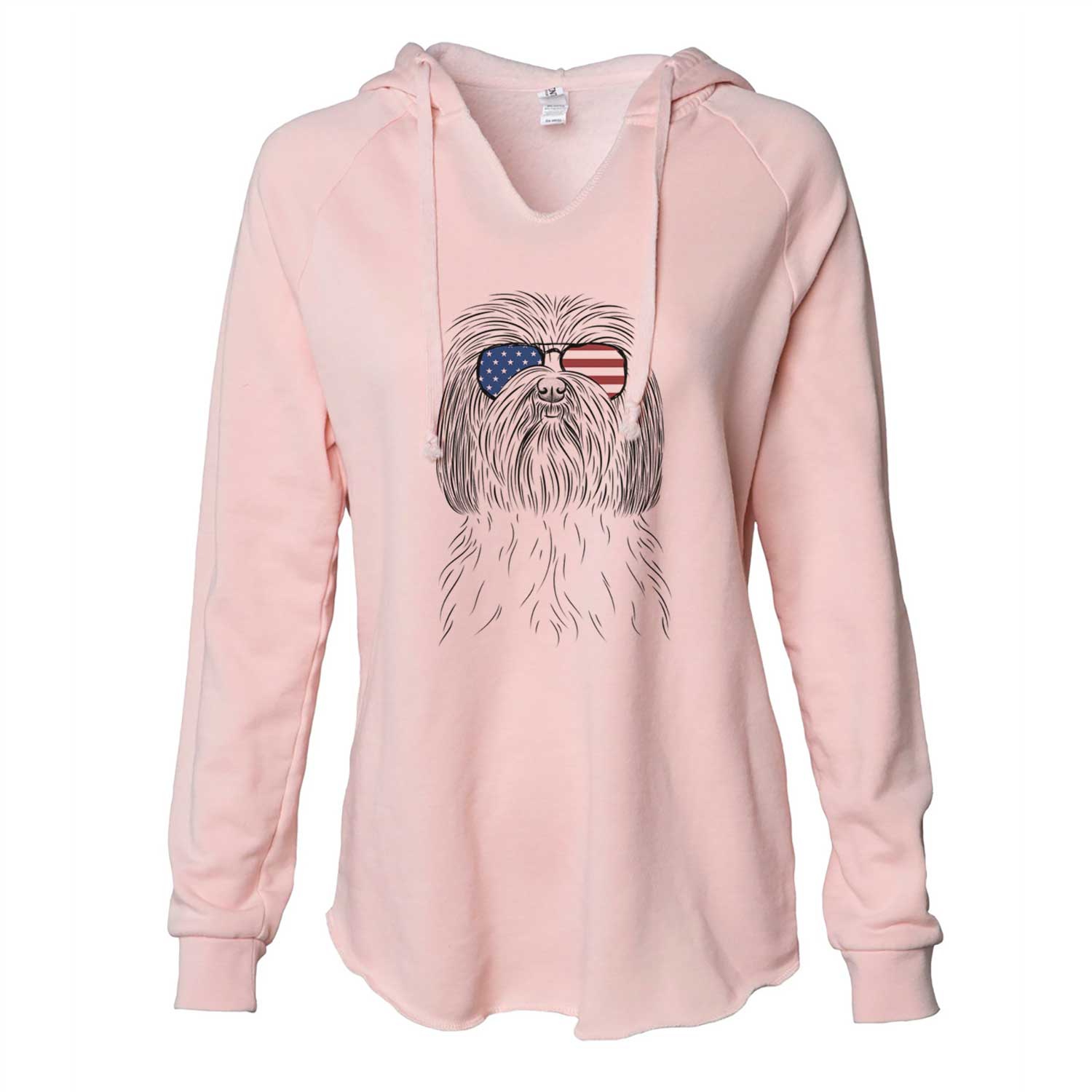 Hand-drawn sketch of Scully the Shih Tzu wearing American flag sunglasses on a Blush Cali Wave Hooded Sweatshirt