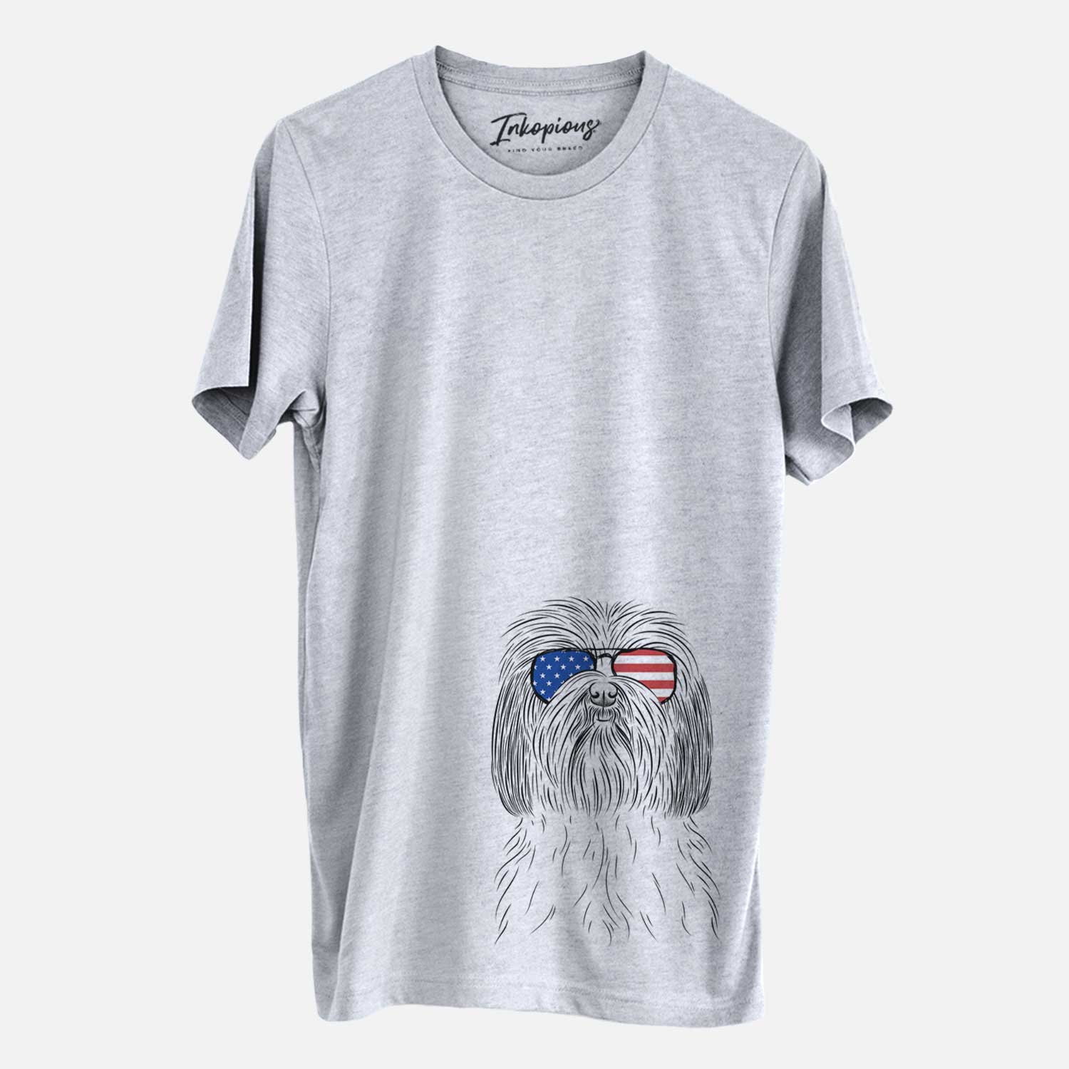 Hand-drawn sketch of Scully the Shih Tzu wearing American flag sunglasses on a Grey Unisex crewneck