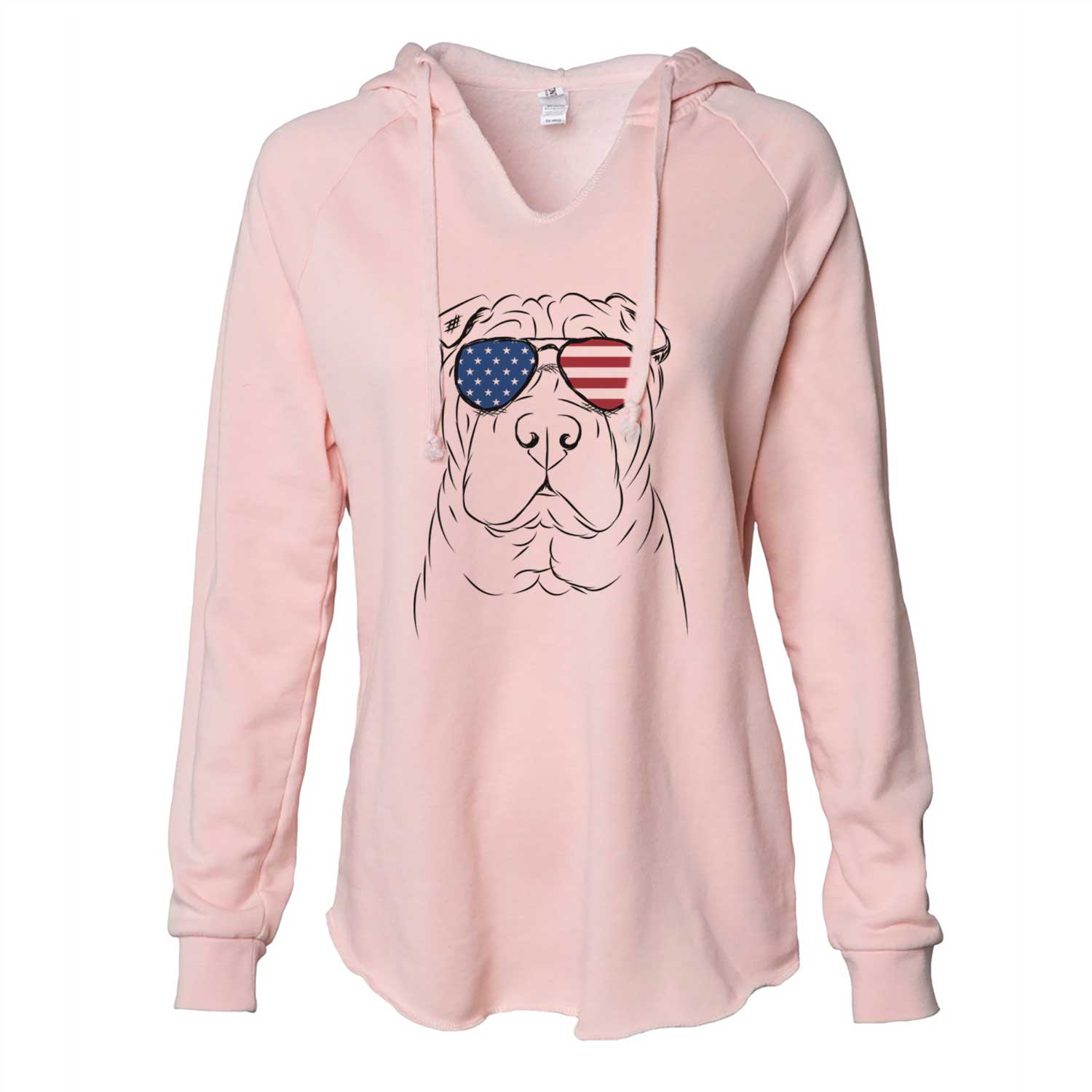 Hand-drawn sketch of Sharpy the Shar Pei wearing American flag sunglasses on a Blush Cali Wave Hooded Sweatshirt