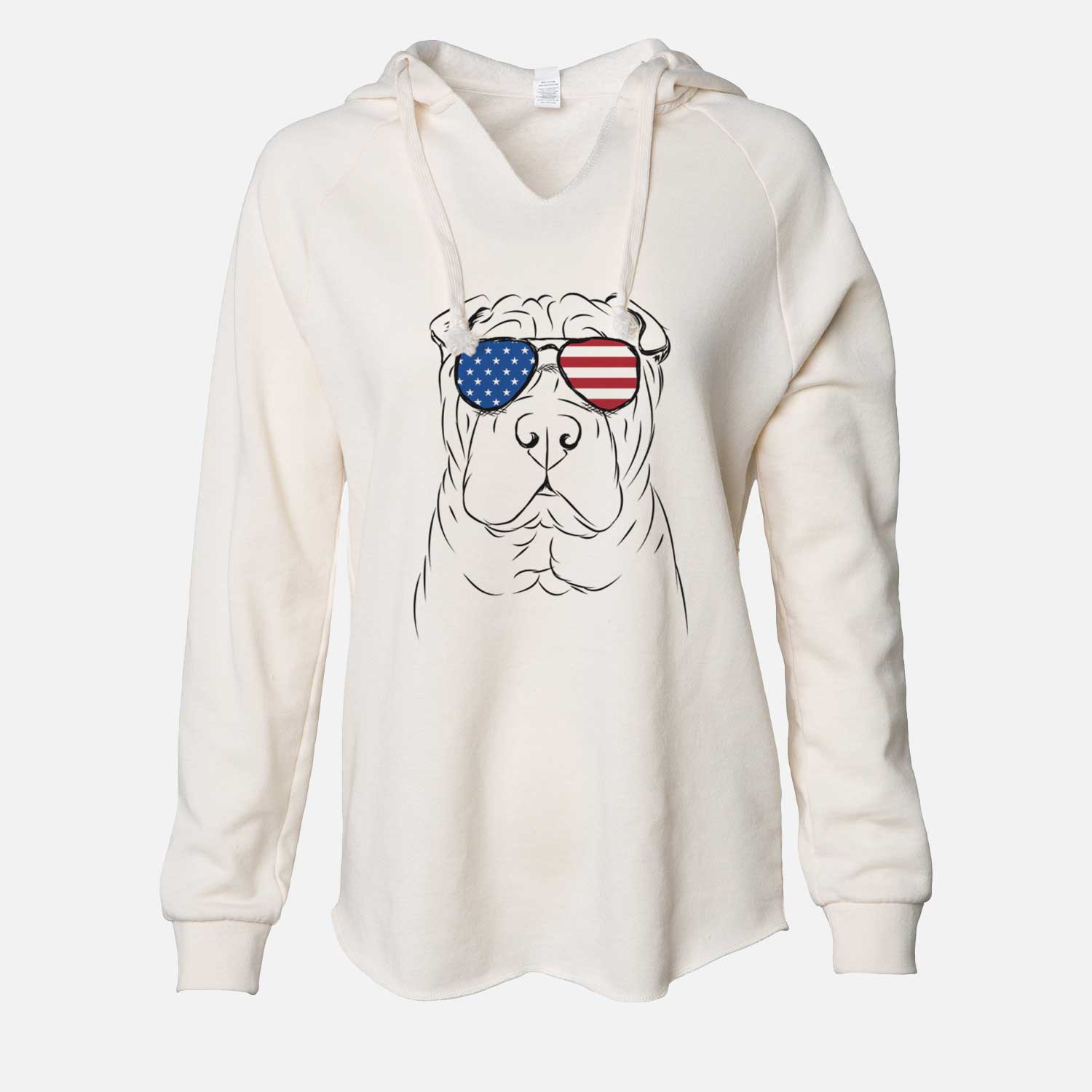 Hand-drawn sketch of Sharpy the Shar Pei wearing American flag sunglasses on a Bone Cali Wave Hooded Sweatshirt