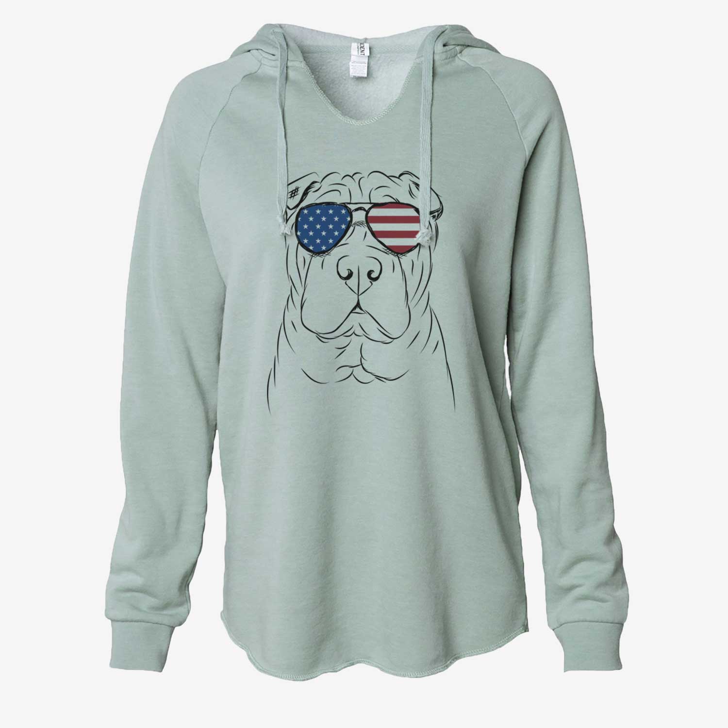 Hand-drawn sketch of Sharpy the Shar Pei wearing American flag sunglasses on a Sage Cali Wave Hooded Sweatshirt