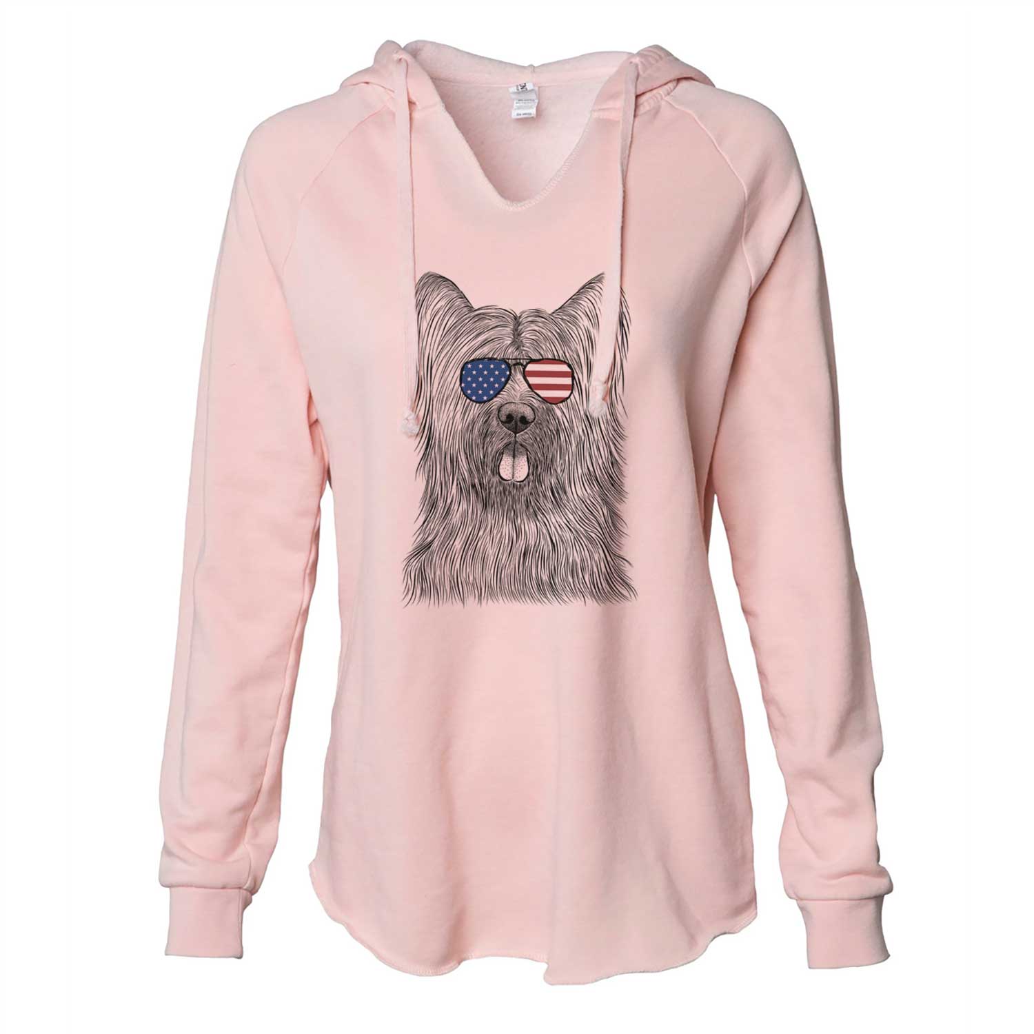 Hand-drawn sketch of Shay the Briard wearing American flag sunglasses on a Blush Cali Wave Hooded Sweatshirt