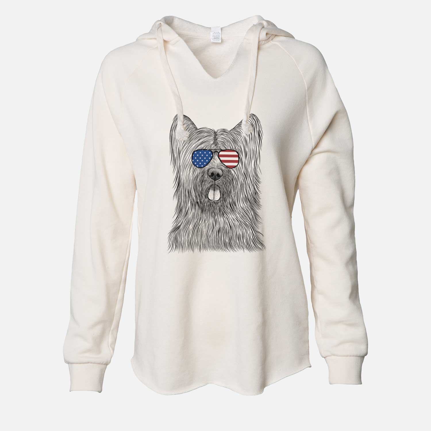 Hand-drawn sketch of Shay the Briard wearing American flag sunglasses on a Bone Cali Wave Hooded Sweatshirt