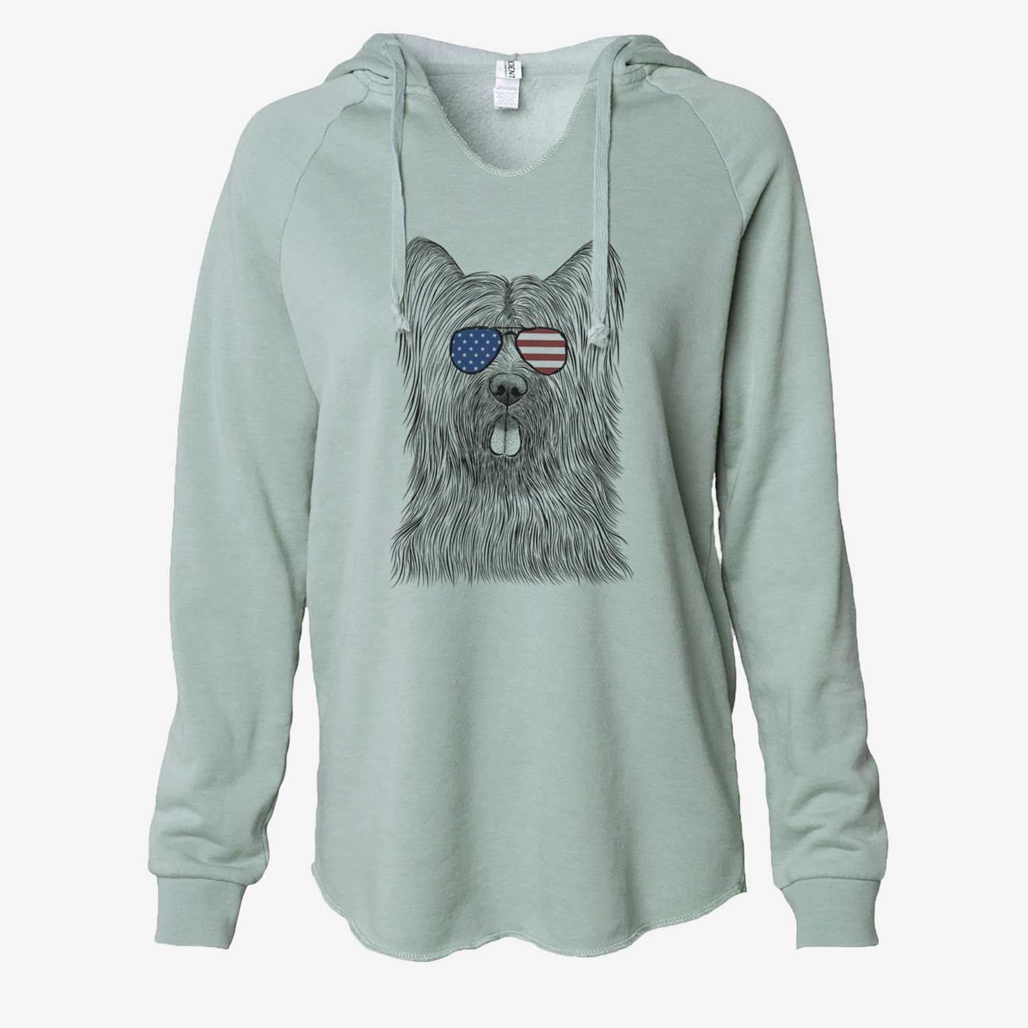 Hand-drawn sketch of Shay the Briard wearing American flag sunglasses on a Sage Cali Wave Hooded Sweatshirt