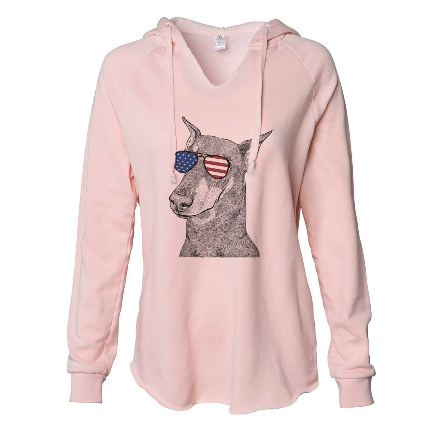 Hand-drawn sketch of Shelby the Doberman Pinscher wearing American flag sunglasses on a Blush Cali Wave Hooded Sweatshirt