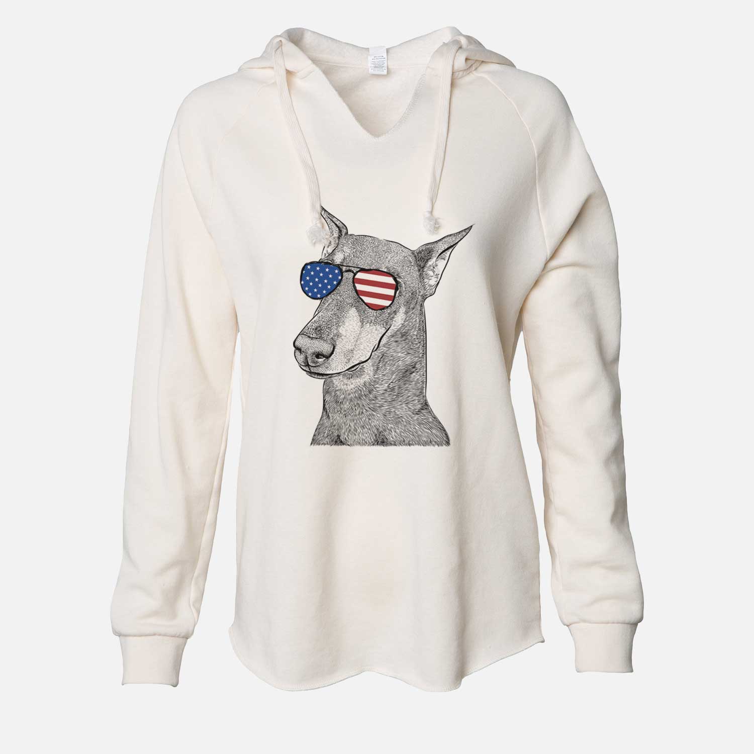 Hand-drawn sketch of Shelby the Doberman Pinscher wearing American flag sunglasses on a Bone Cali Wave Hooded Sweatshirt