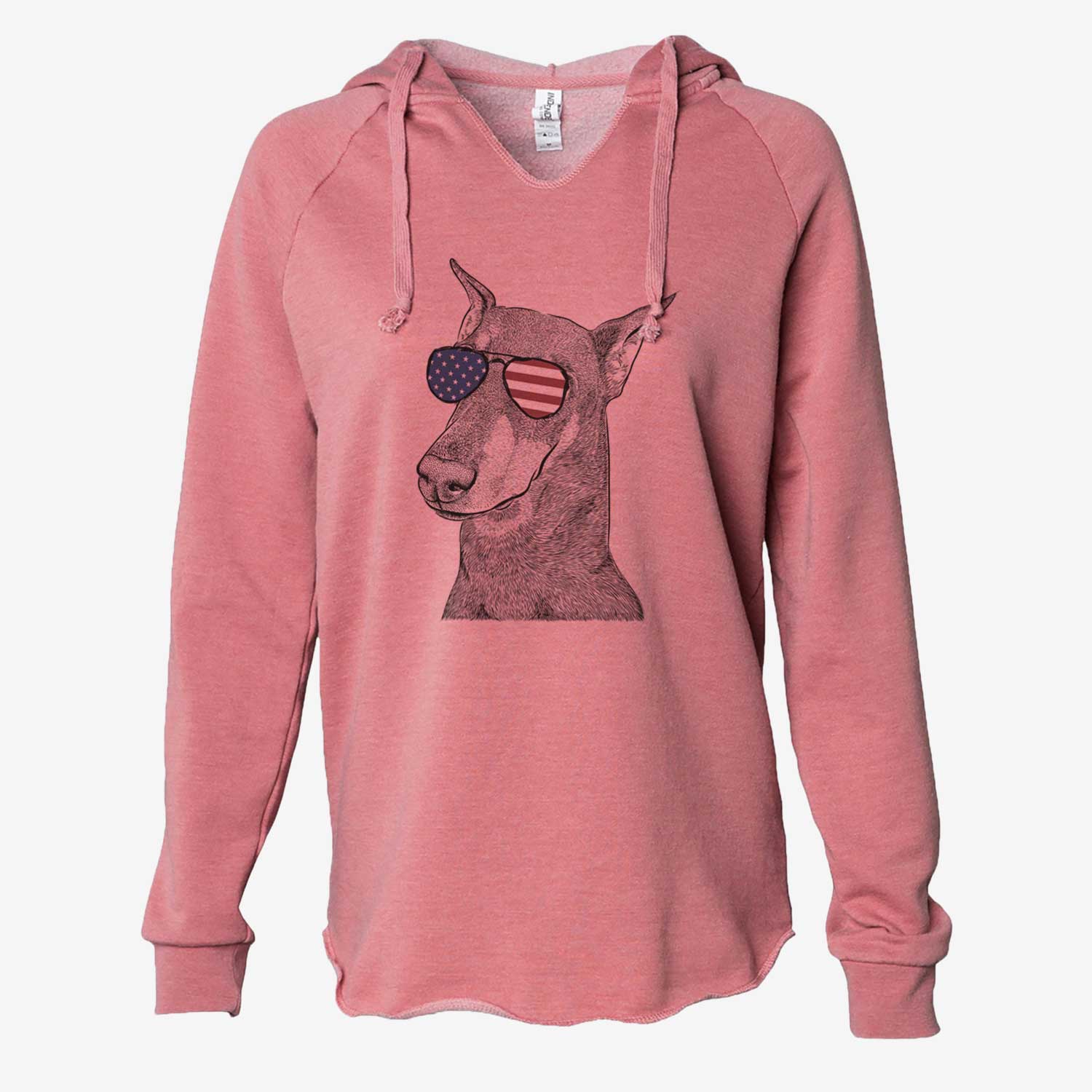 Hand-drawn sketch of Shelby the Doberman Pinscher wearing American flag sunglasses on a Dusty Rose Cali Wave Hooded Sweatshirt