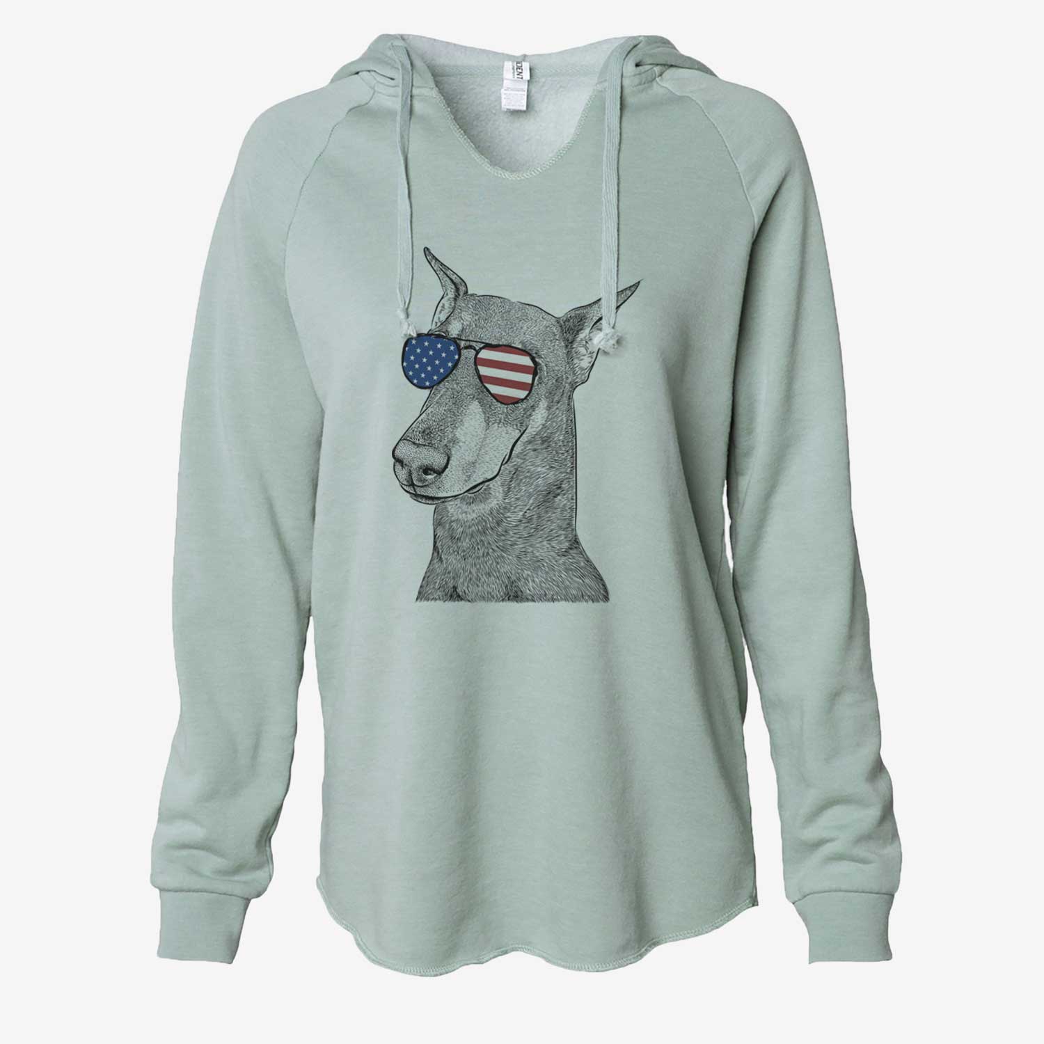 Hand-drawn sketch of Shelby the Doberman Pinscher wearing American flag sunglasses on a Sage Cali Wave Hooded Sweatshirt