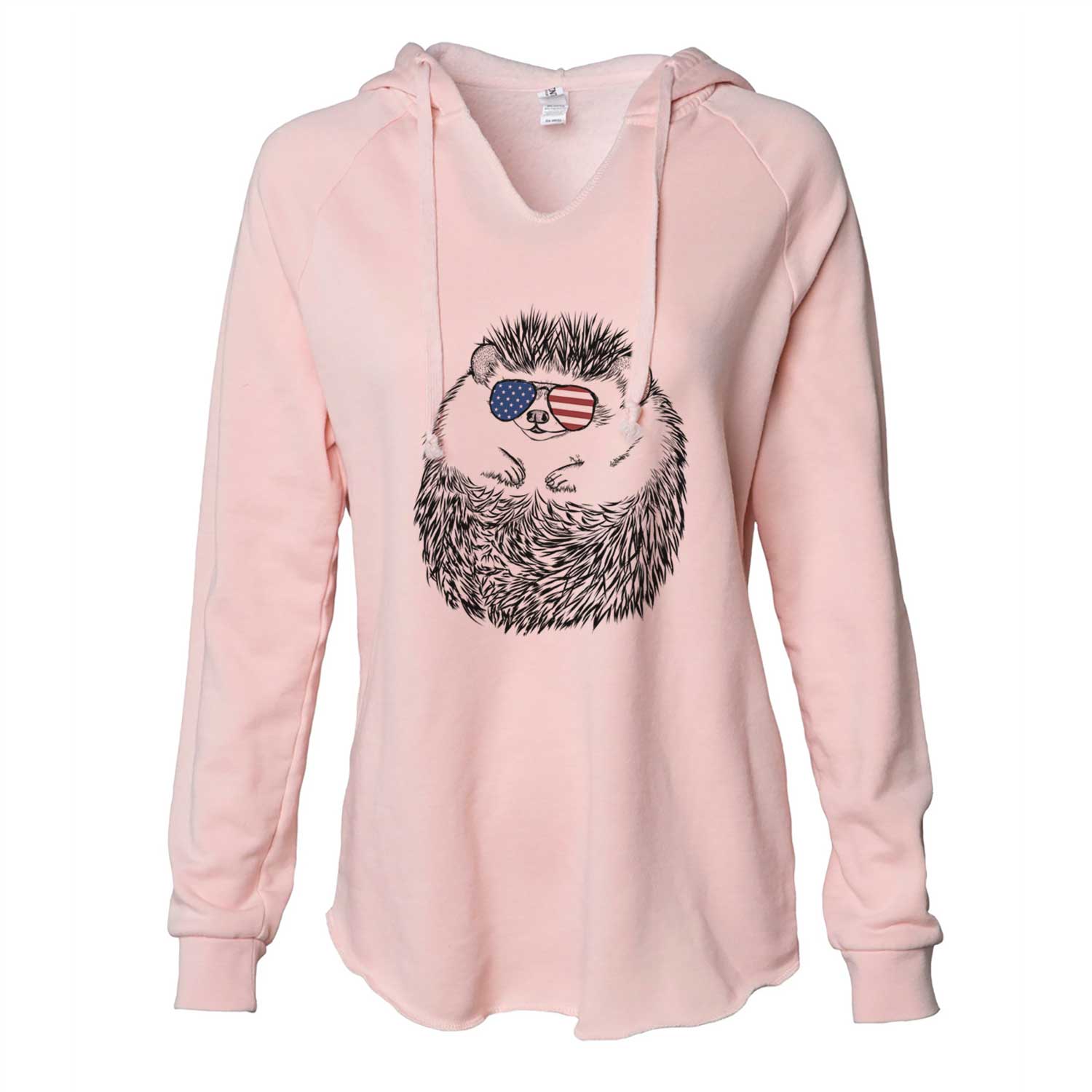 Hand-drawn sketch of Sid the Hedgehog wearing American flag sunglasses on a Blush Cali Wave Hooded Sweatshirt