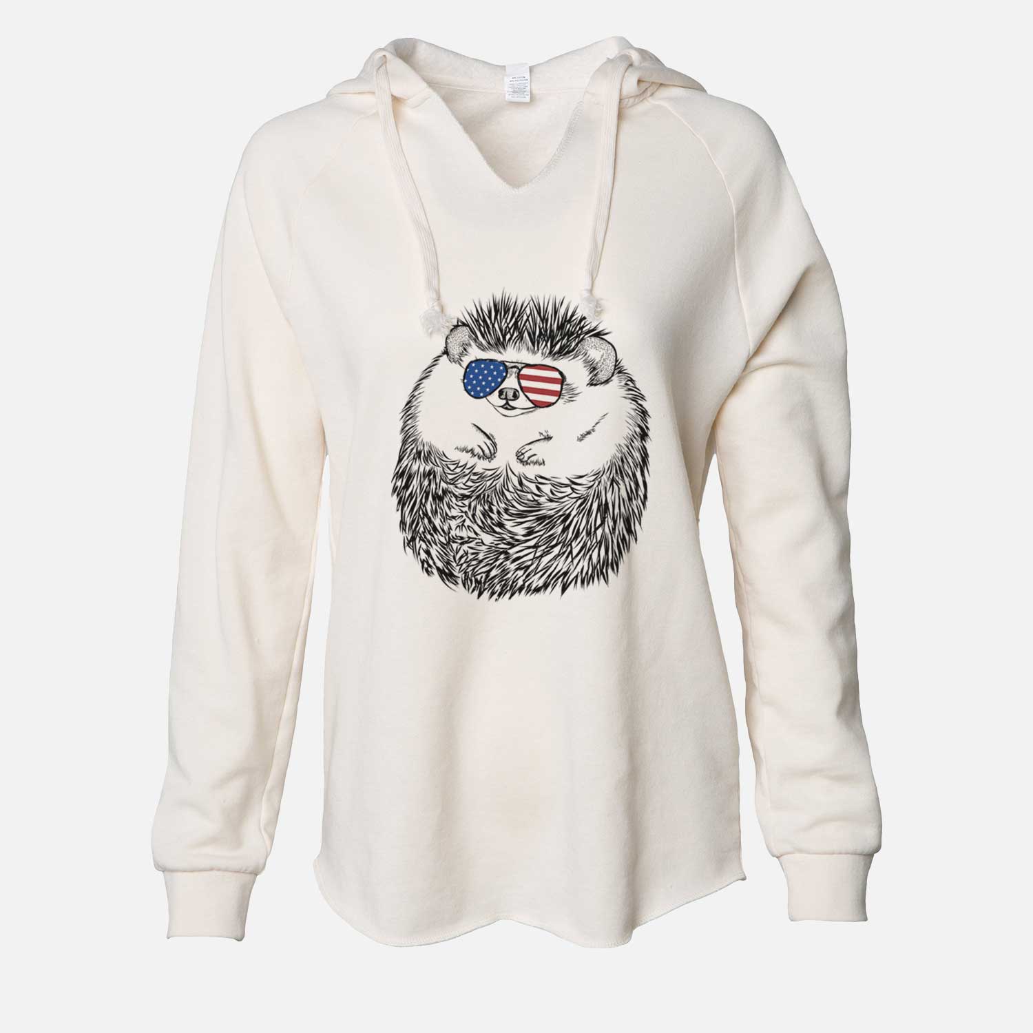 Hand-drawn sketch of Sid the Hedgehog wearing American flag sunglasses on a Bone Cali Wave Hooded Sweatshirt