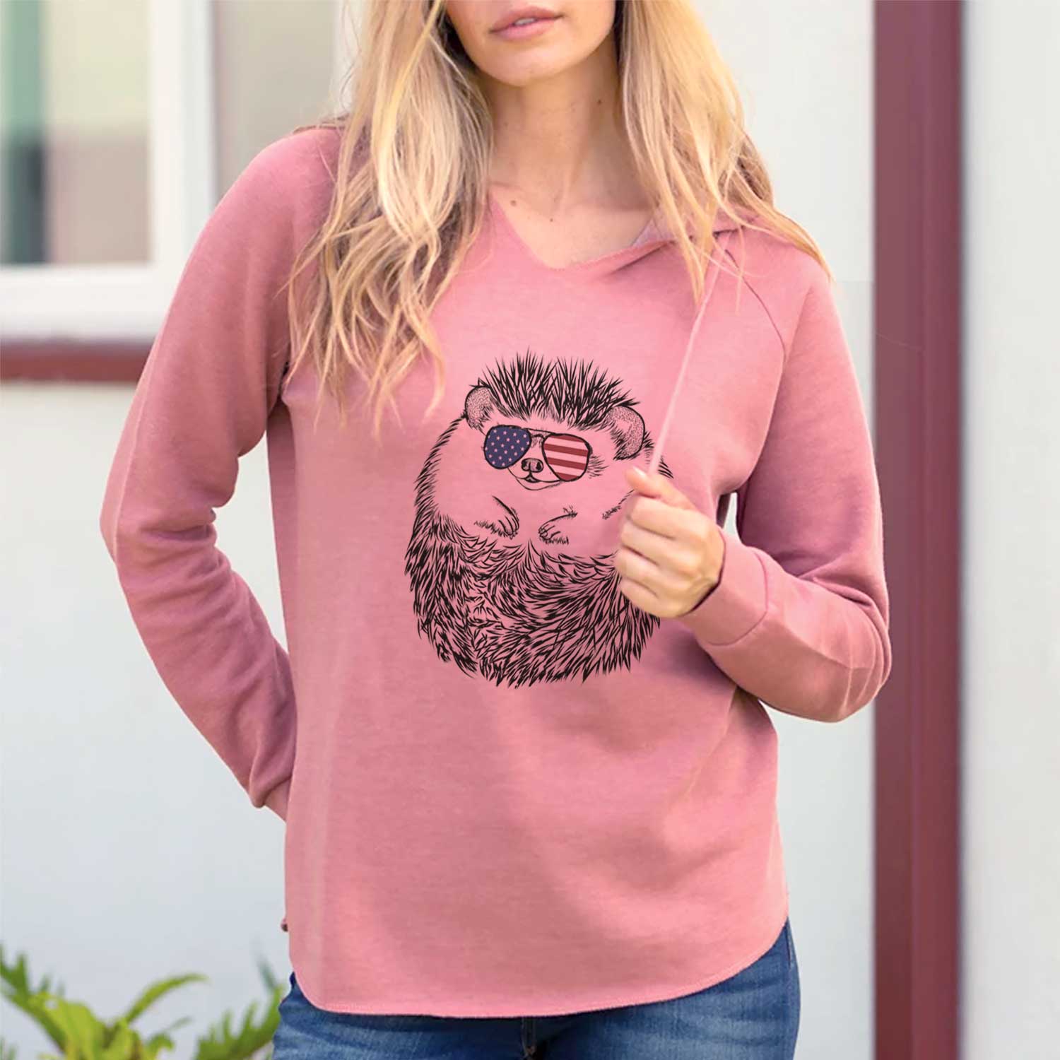 Hand-drawn sketch of Sid the Hedgehog wearing American flag sunglasses on a Dusty Rose Cali Wave Hooded Sweatshirt, lifestyle photo