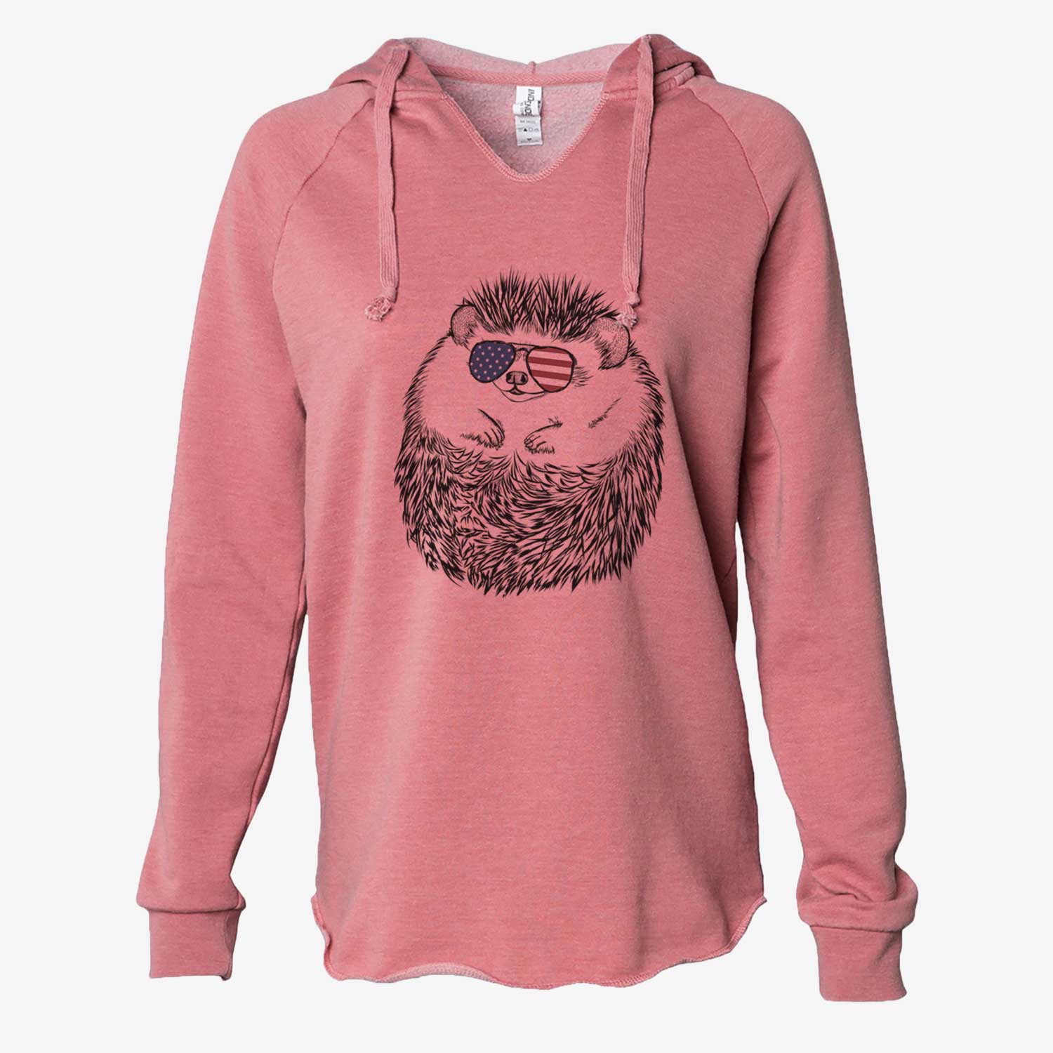 Hand-drawn sketch of Sid the Hedgehog wearing American flag sunglasses on a Dusty Rose Cali Wave Hooded Sweatshirt