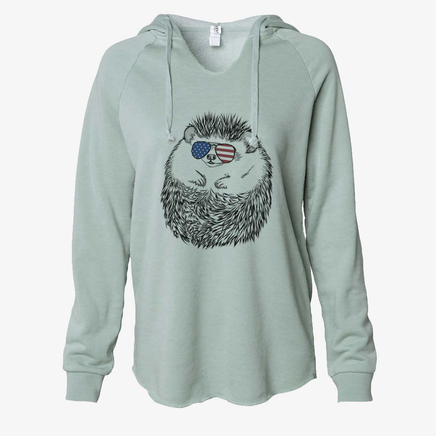 Hand-drawn sketch of Sid the Hedgehog wearing American flag sunglasses on a Sage Cali Wave Hooded Sweatshirt