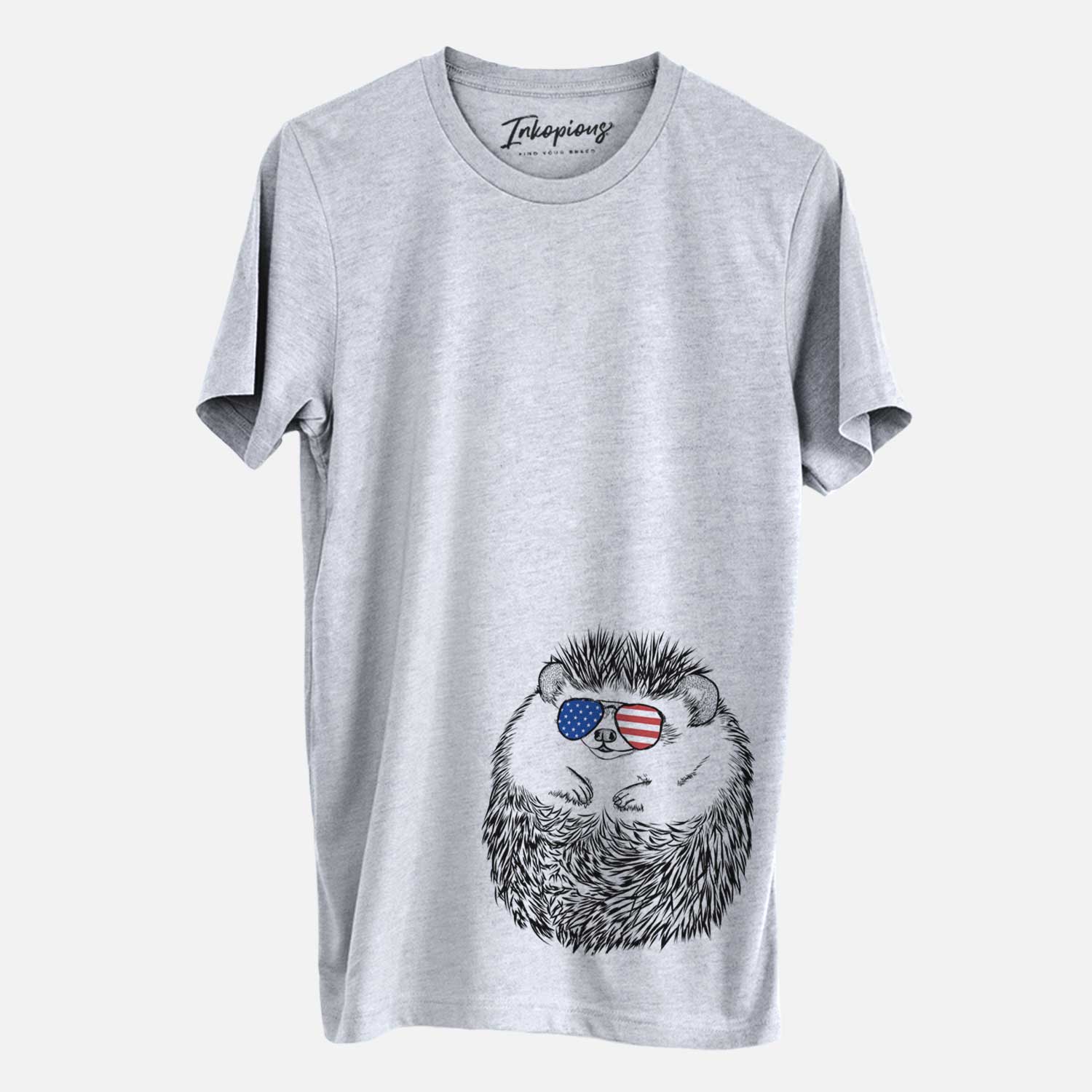 Hand-drawn sketch of Sid the Hedgehog wearing American flag sunglasses on a Grey Unisex crewneck