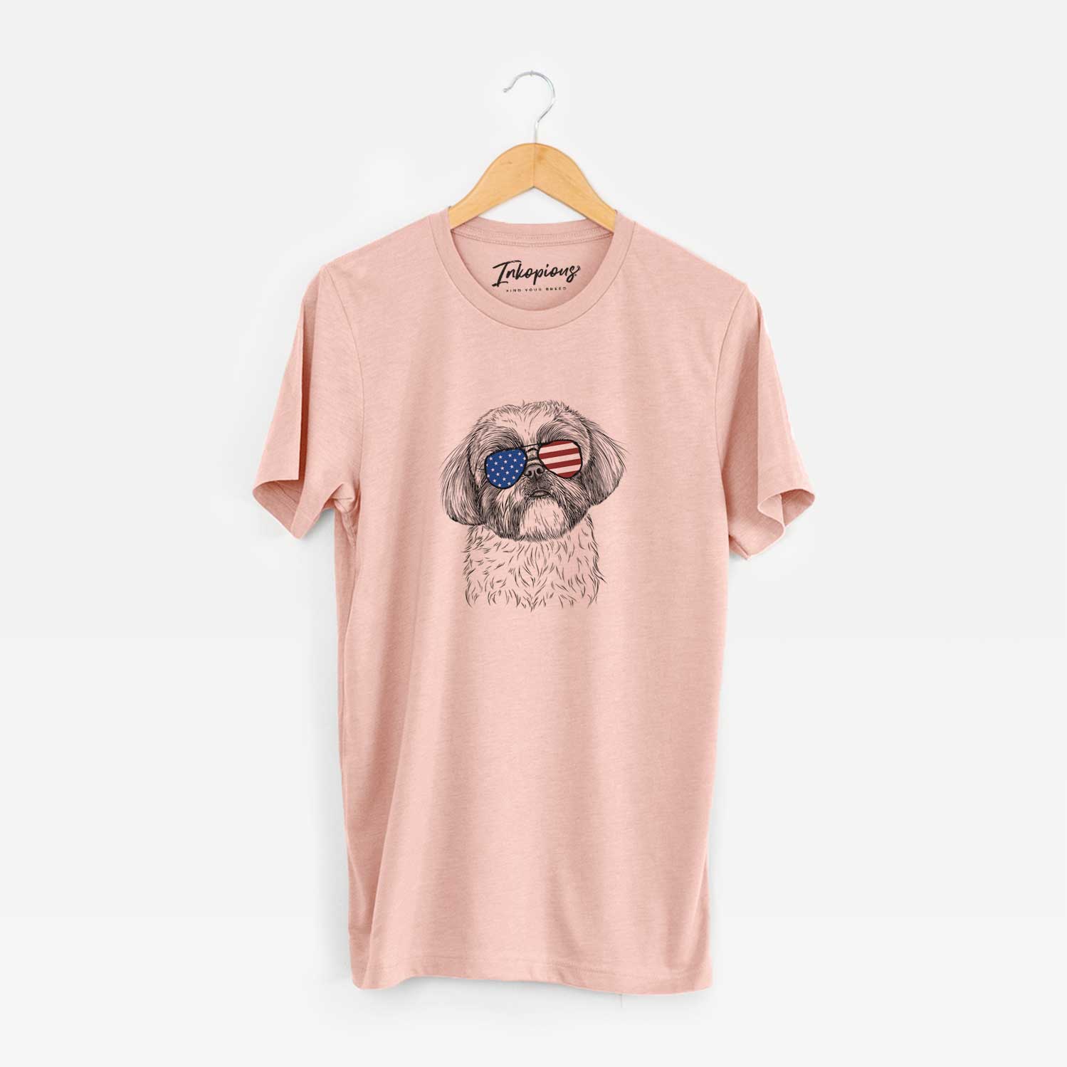 Hand-drawn sketch of Simon the Shih Tzu wearing American flag sunglasses on a Peach Unisex crewneck
