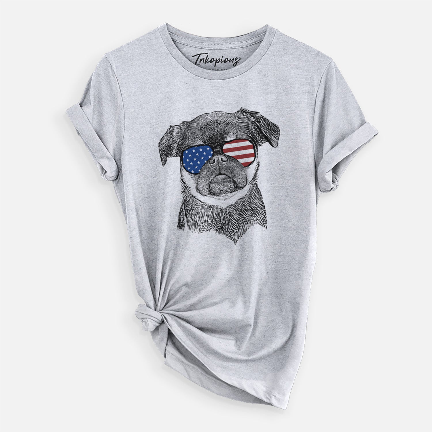 Hand-drawn sketch of Simone the Brussels Griffon wearing American flag sunglasses on a Grey Unisex crewneck