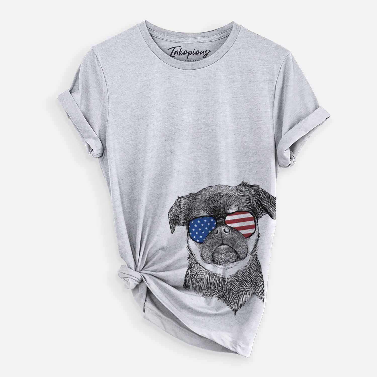 Hand-drawn sketch of Simone the Brussels Griffon wearing American flag sunglasses on a Grey Unisex crewneck