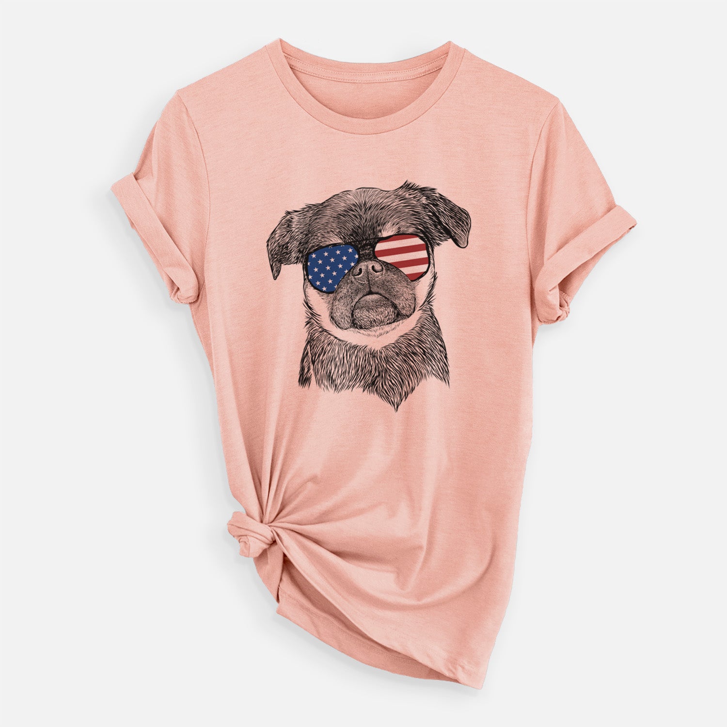 Hand-drawn sketch of Simone the Brussels Griffon wearing American flag sunglasses on a Peach Unisex crewneck