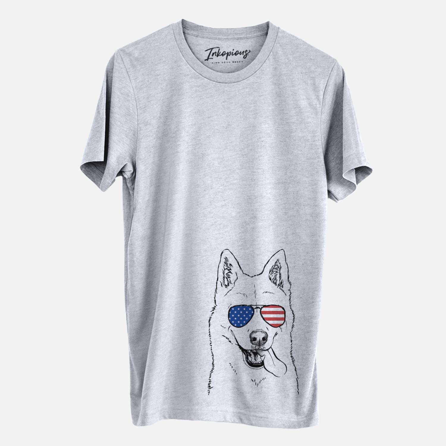 Hand-drawn sketch of Sinatra the Siberian Husky wearing American flag sunglasses on a Grey Unisex crewneck