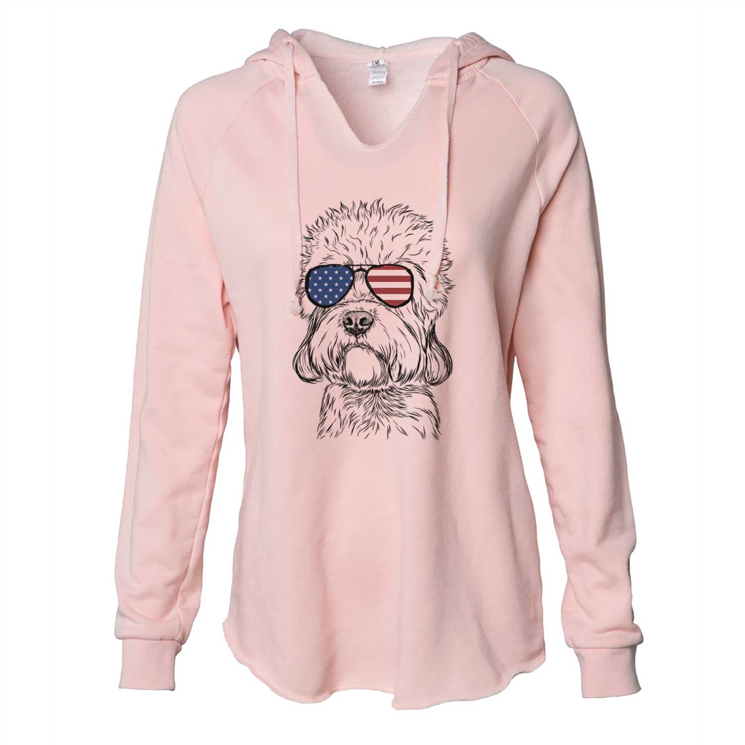 Hand-drawn sketch of Sir Walter the Dandie Dinmont Terrier wearing American flag sunglasses on a Blush Cali Wave Hooded Sweatshirt