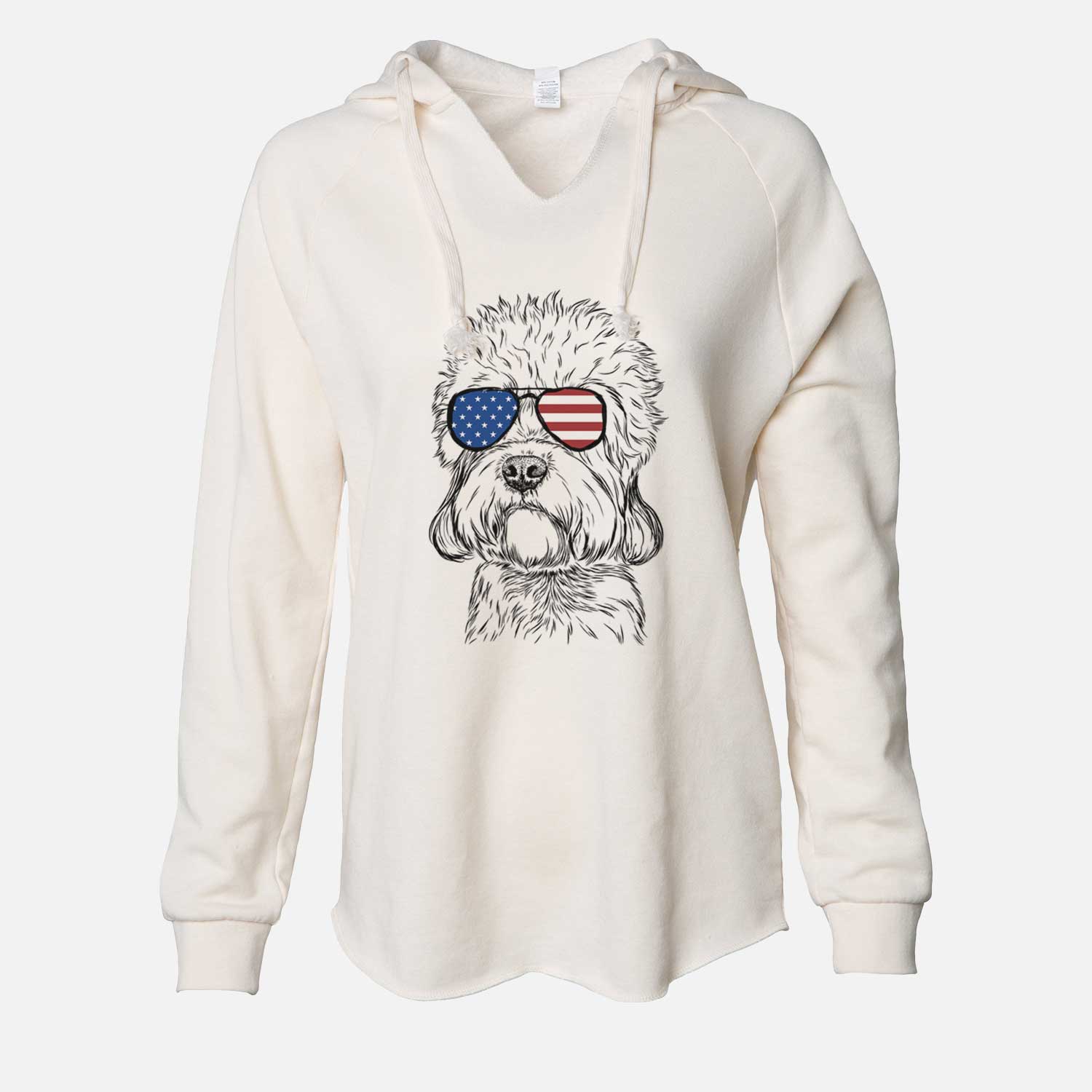 Hand-drawn sketch of Sir Walter the Dandie Dinmont Terrier wearing American flag sunglasses on a Bone Cali Wave Hooded Sweatshirt