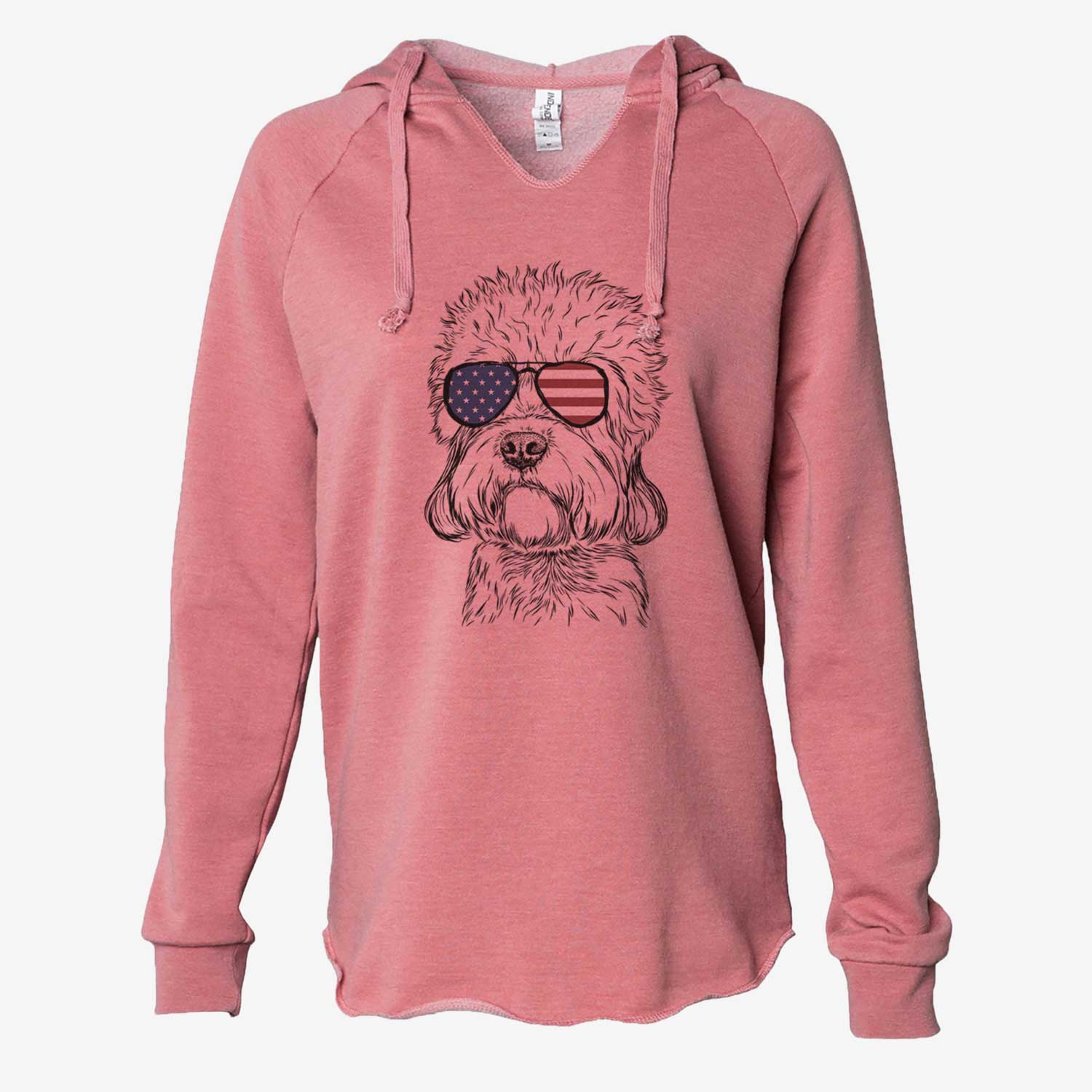 Hand-drawn sketch of Sir Walter the Dandie Dinmont Terrier wearing American flag sunglasses on a Dusty Rose Cali Wave Hooded Sweatshirt