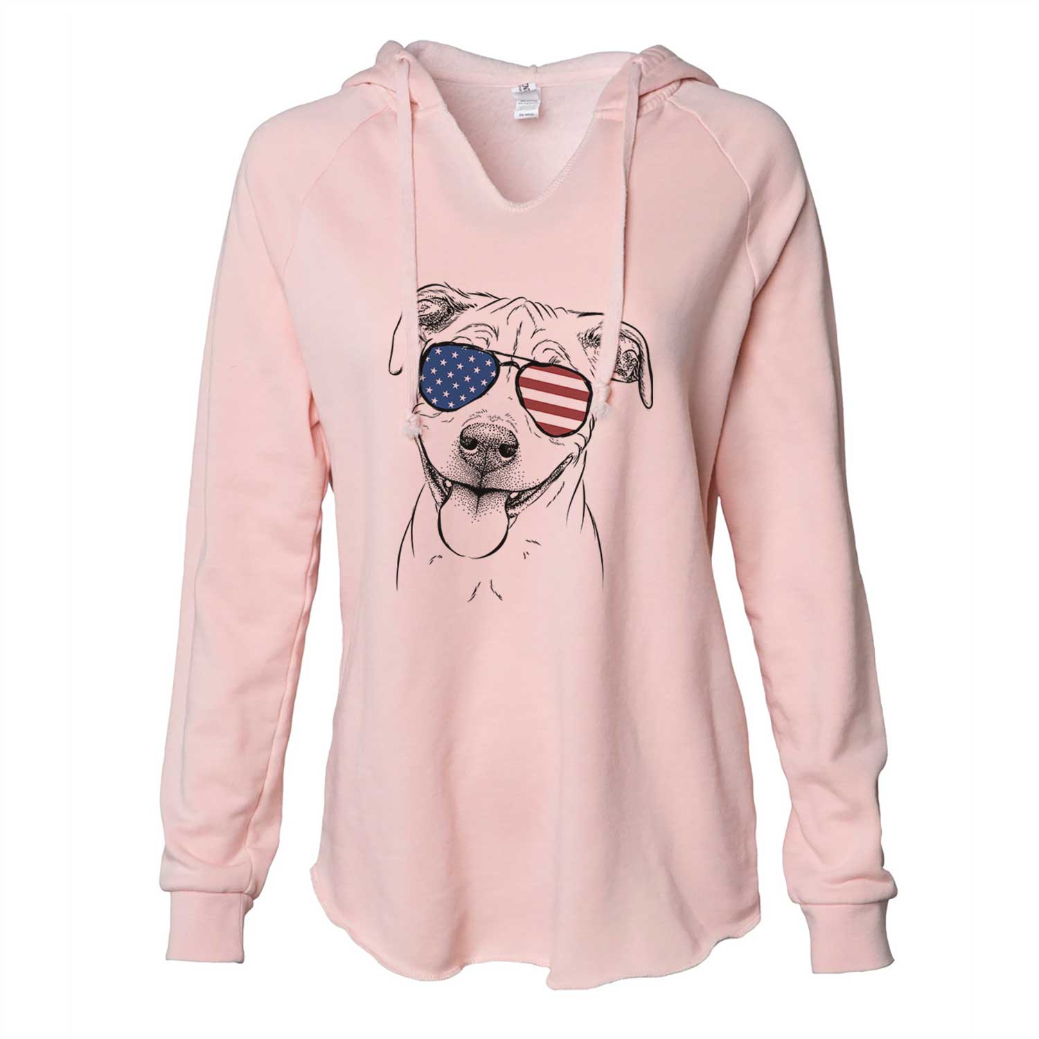 Hand-drawn sketch of Skye the Pitweiler wearing American flag sunglasses on a Blush Cali Wave Hooded Sweatshirt