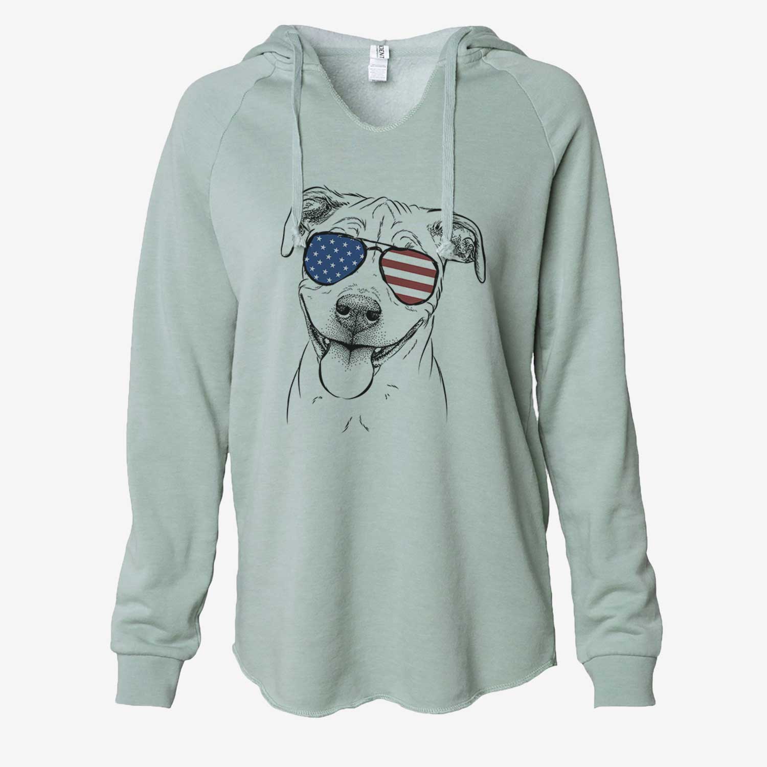 Hand-drawn sketch of Skye the Pitweiler wearing American flag sunglasses on a Sage Cali Wave Hooded Sweatshirt