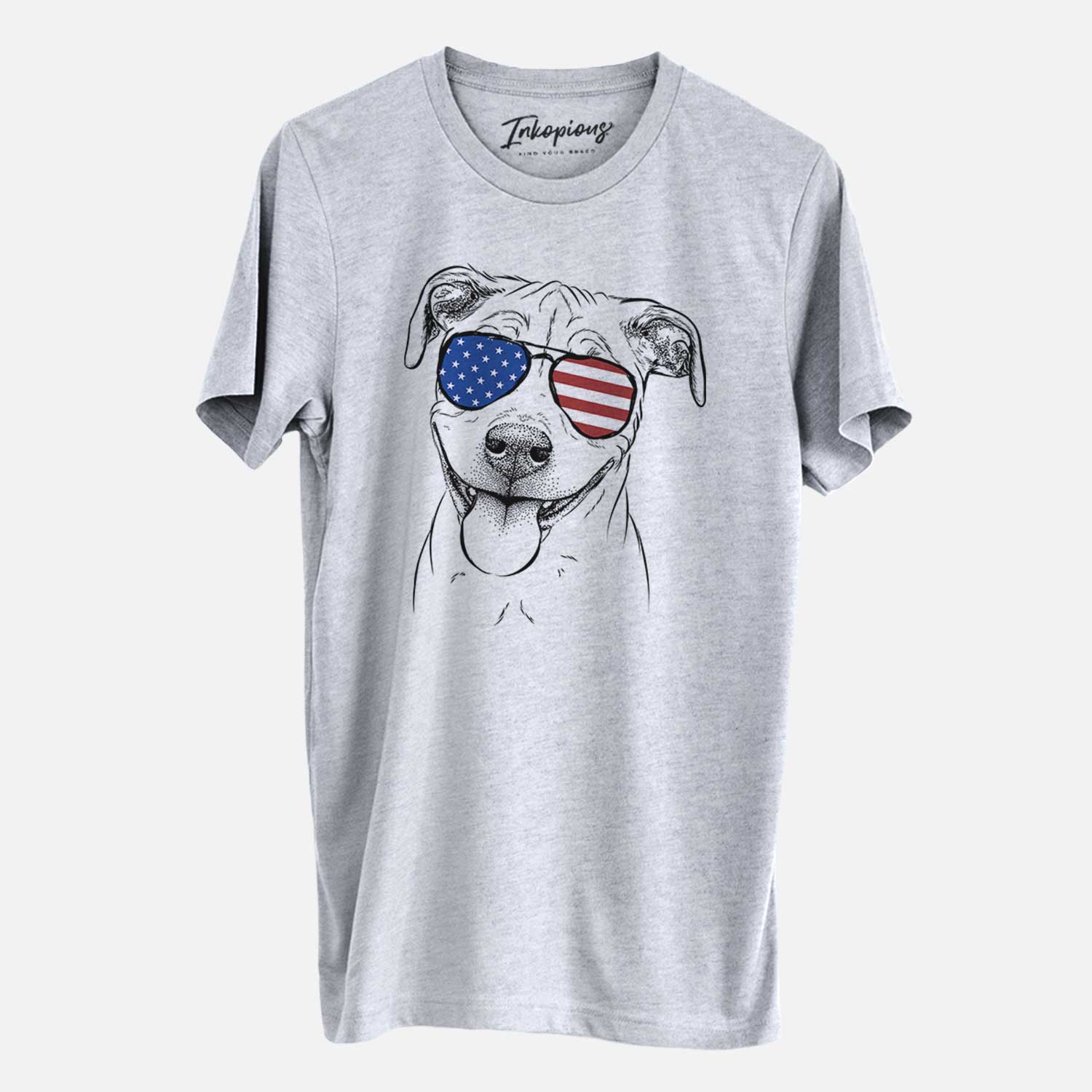 Hand-drawn sketch of Skye the Pitweiler wearing American flag sunglasses on a Grey Unisex crewneck