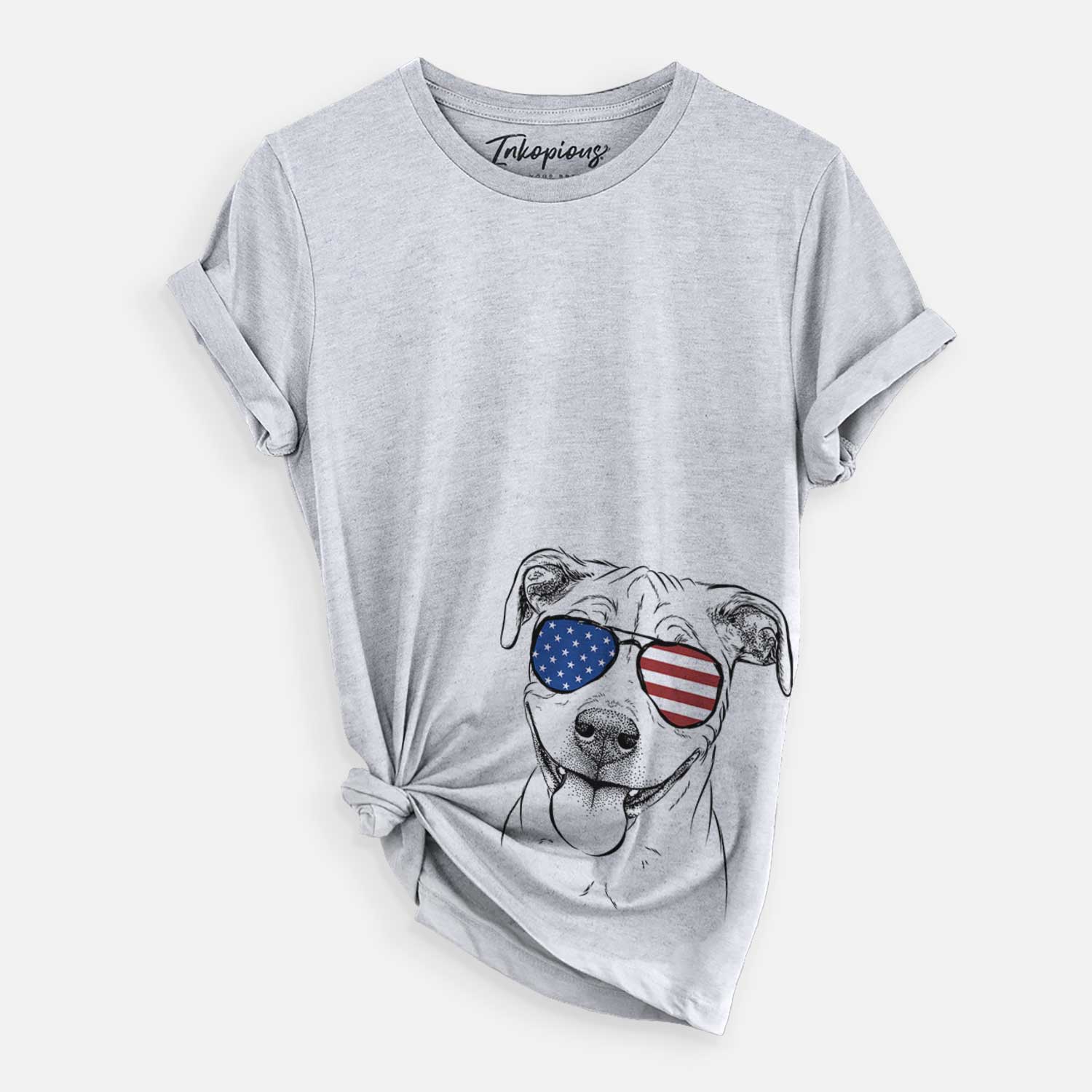 Hand-drawn sketch of Skye the Pitweiler wearing American flag sunglasses on a Grey Unisex crewneck