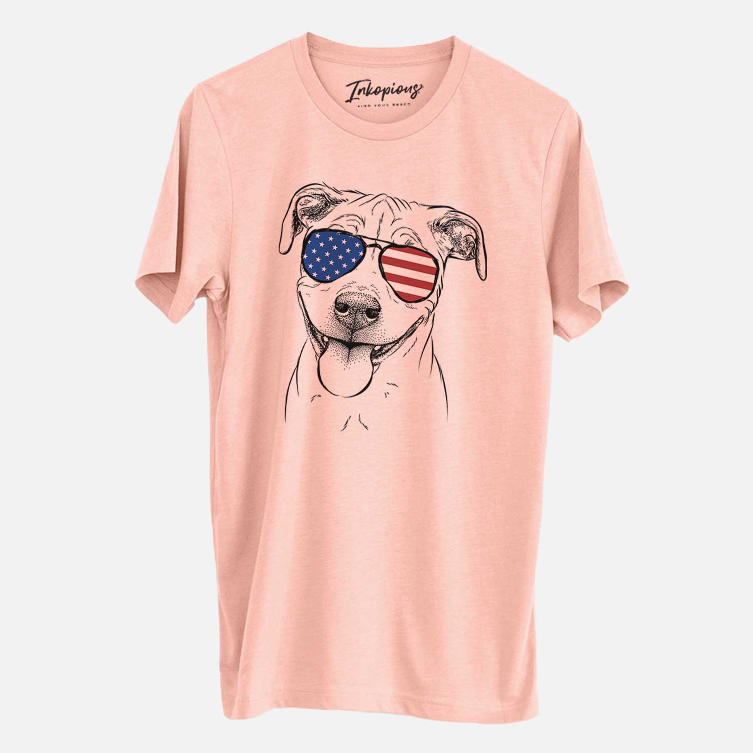 Hand-drawn sketch of Skye the Pitweiler wearing American flag sunglasses on a Peach Unisex crewneck