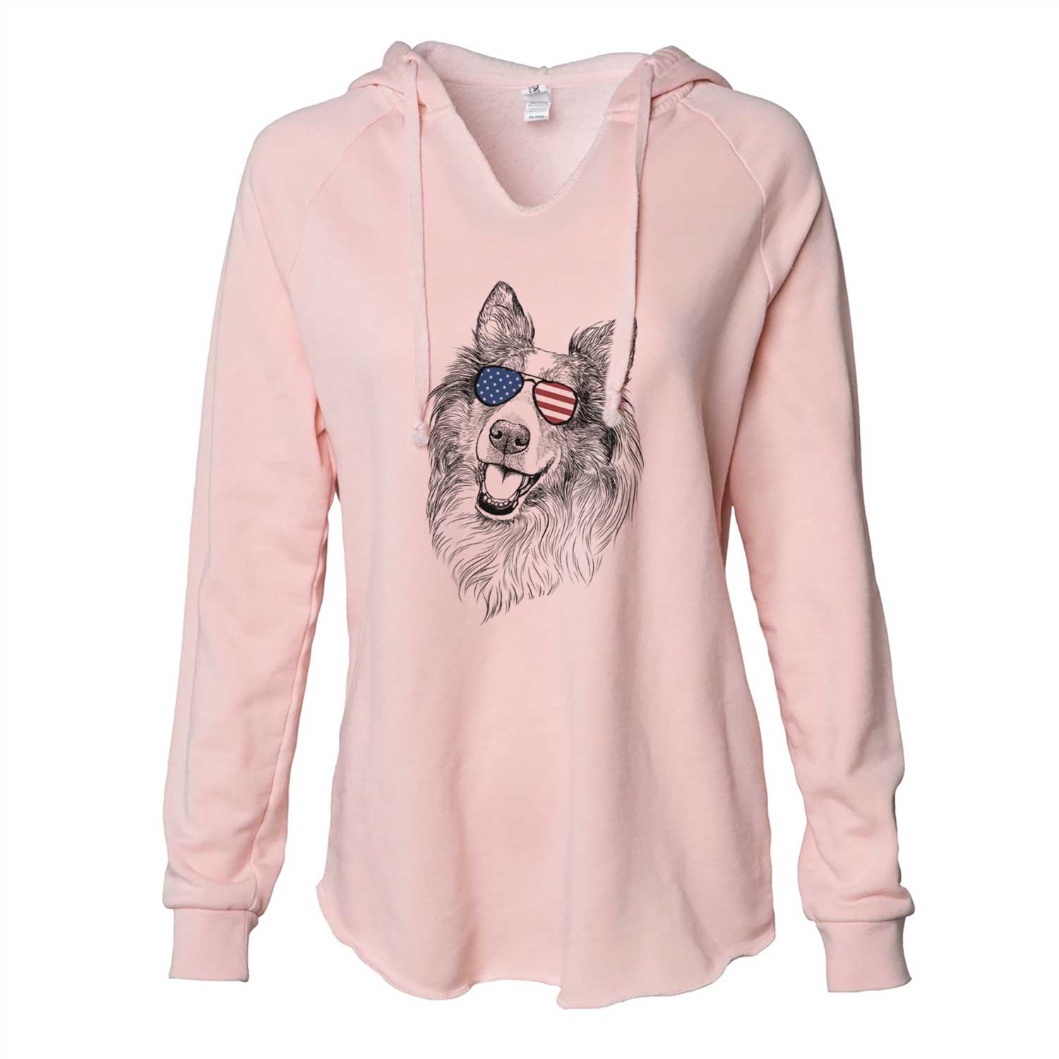 Hand-drawn sketch of Skylar the Shetland Sheepdog wearing American flag sunglasses on a Blush Cali Wave Hooded Sweatshirt