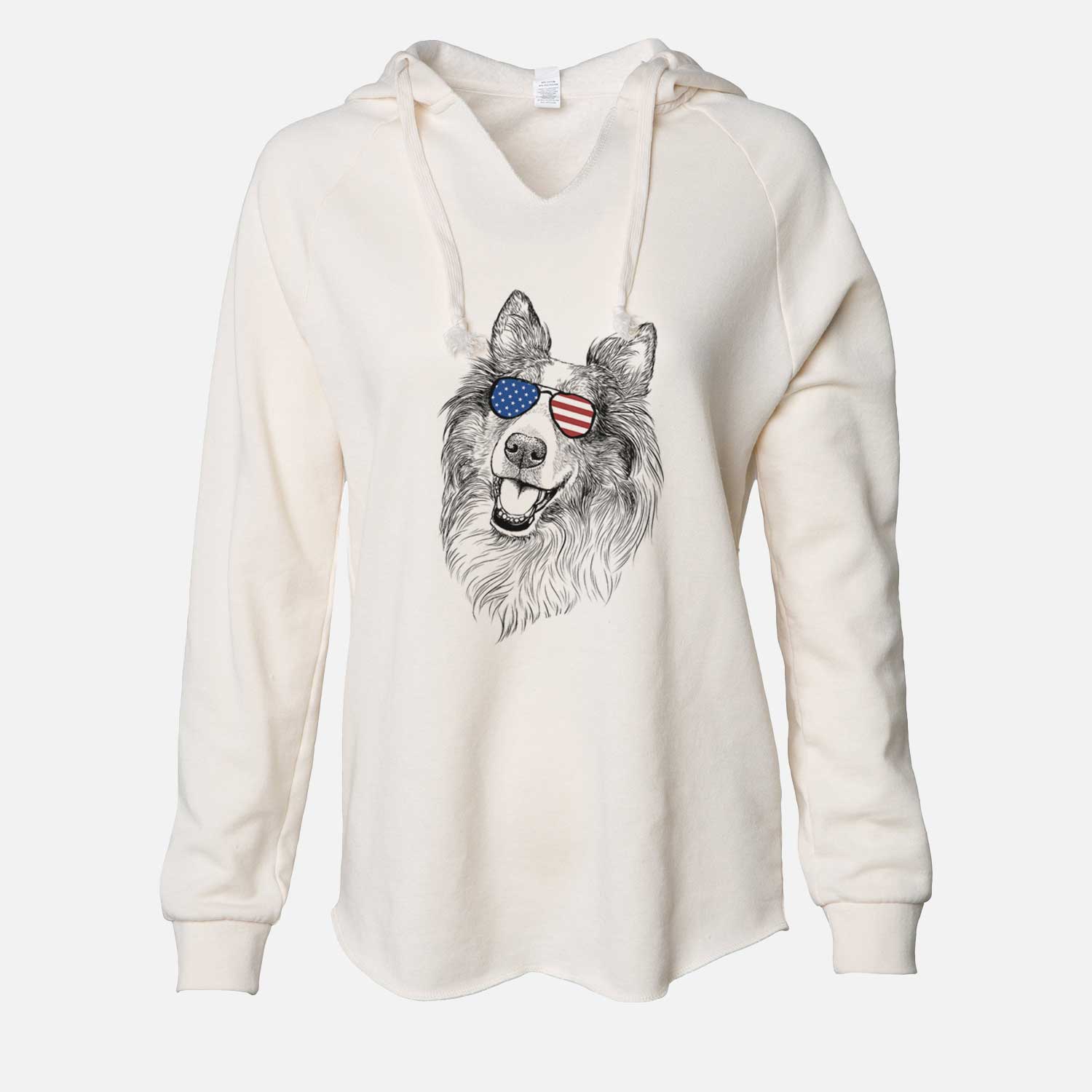 Hand-drawn sketch of Skylar the Shetland Sheepdog wearing American flag sunglasses on a Bone Cali Wave Hooded Sweatshirt