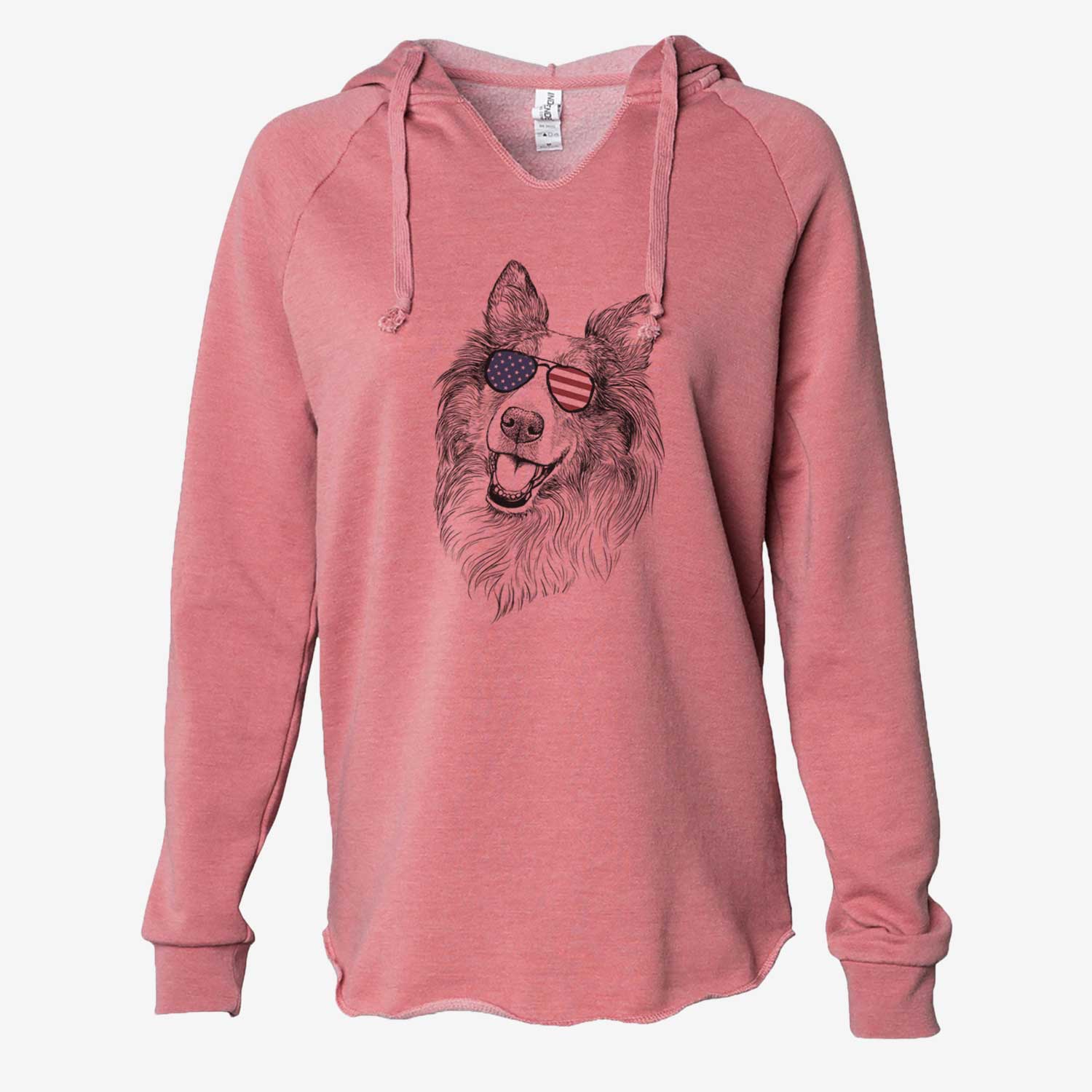 Hand-drawn sketch of Skylar the Shetland Sheepdog wearing American flag sunglasses on a Dusty Rose Cali Wave Hooded Sweatshirt