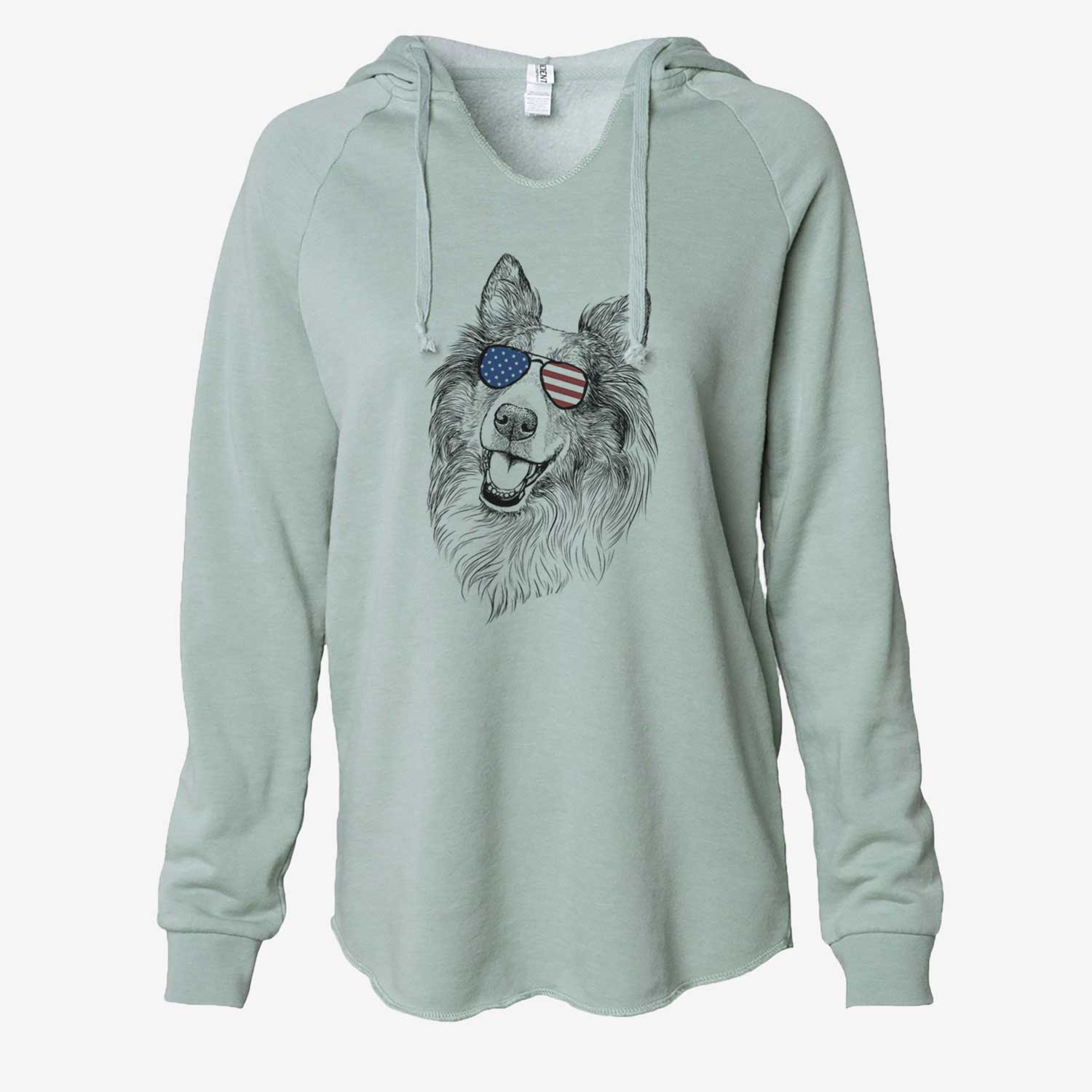 Hand-drawn sketch of Skylar the Shetland Sheepdog wearing American flag sunglasses on a Sage Cali Wave Hooded Sweatshirt